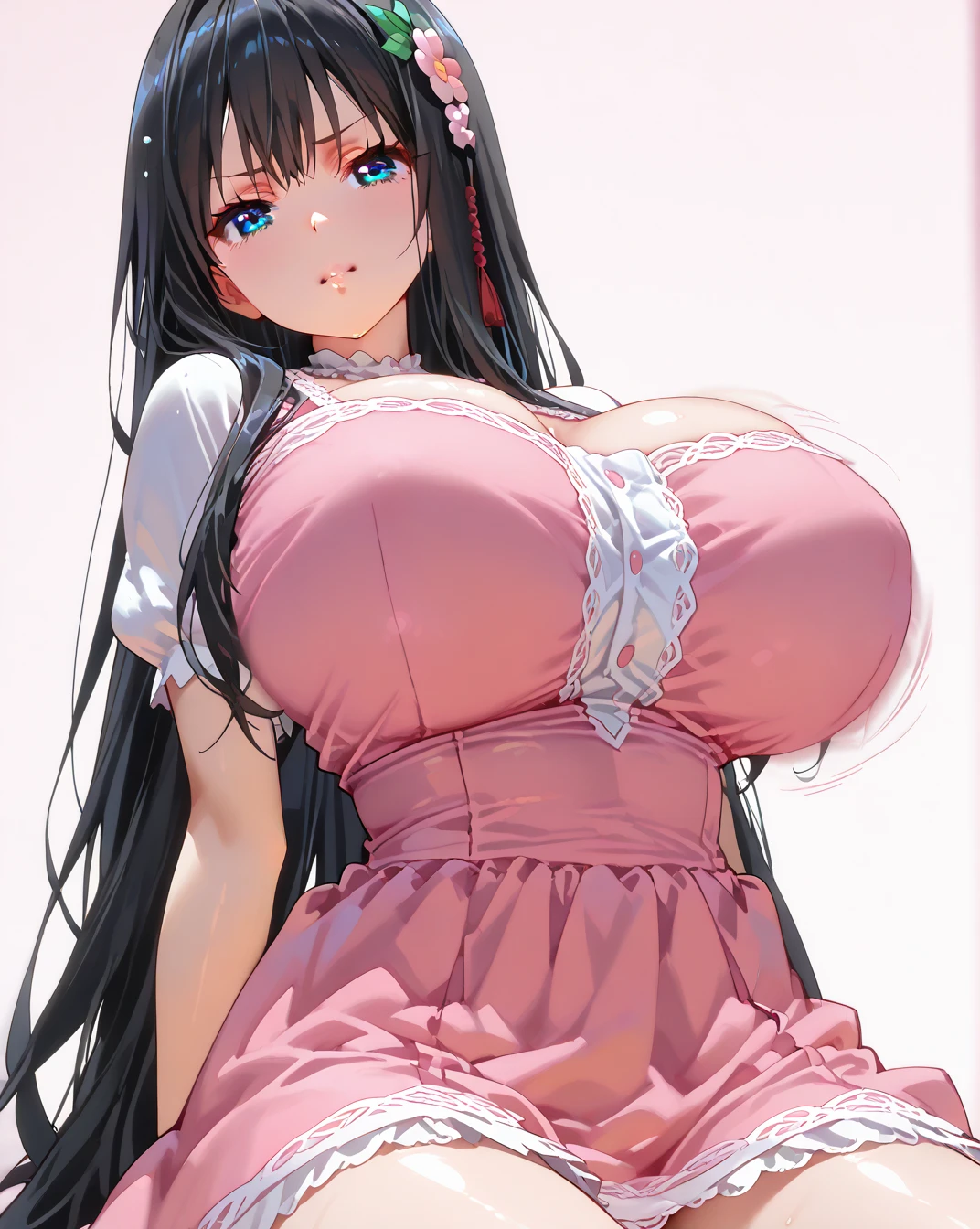 Browsing Caution,Remove wear,Tiara on head、、18-year-old、Black-haired、Japanese、Knitted Products、Pink knitted off shoulder dress、White lace bracelet on arm、Sheep piercing、Long Hair、White sheep bag、blue eyes、Embarrassed face、Highest quality, masterpiece, Ultra-high resolution、Pink Room、Draw the eyes in detail、Flowers around、Big Breasts