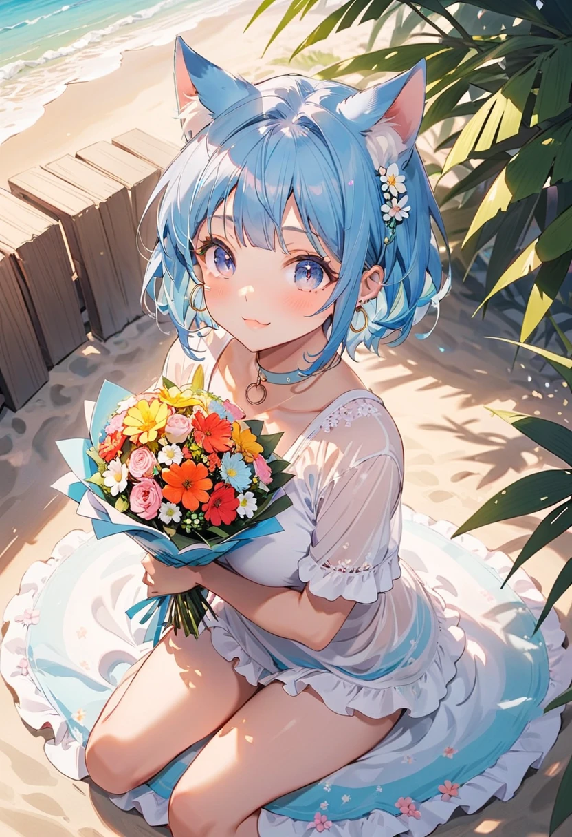 (masterpiece:1.3), (best quality:1.3), high resolution,
couboy shot,
leaning forward, (holding:1.1), body facing forward,
(one cute girl:1.3), solo,
white skin, small Breast, eight-headed person,
light blue hair, (bobbed hair:1.2), (short hair:1.2), (blunt bangs:1.2), beautiful hair, blue eyes, beautiful detailed eyes,
(tongue out:1.3), happy, cheerful smile,
frilled dress, (bouquet:1.1), blue check skirt, Simple Costumes,
outdoors, ocean, beach, flower garden,
shadowlighting,