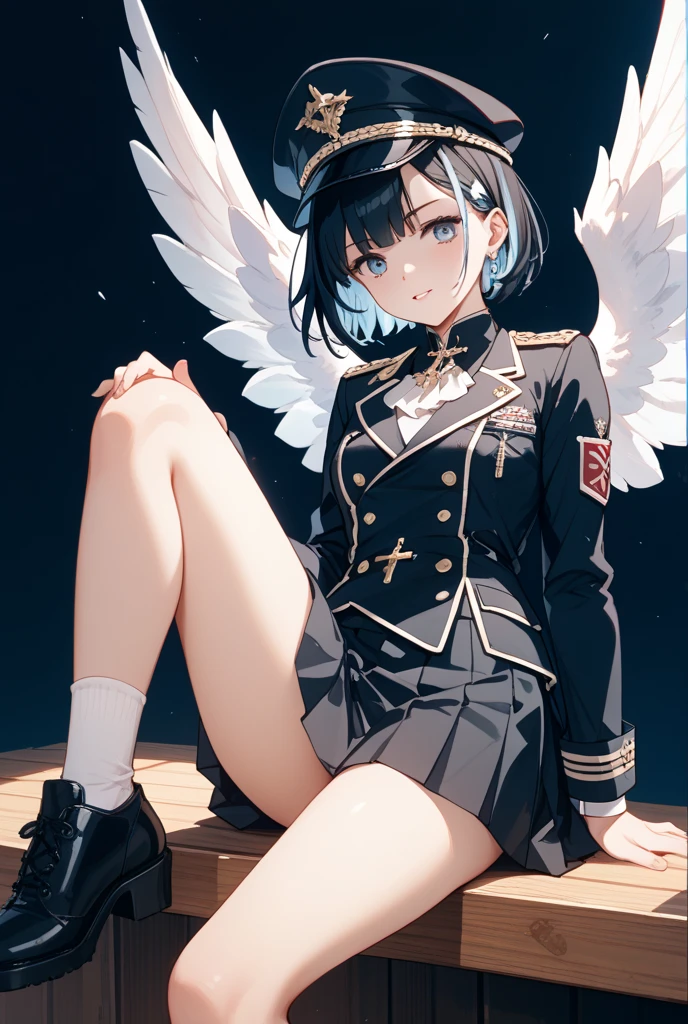 Lineart image of a girl sitting in the middle of a blank background Wearing high socks long white hair, white skin, white clothes, white shoes, white background line art.No colors thick thighs thick  facing forward Apply facing down prespective a hot sitting position and bird's eye view prospective  line art