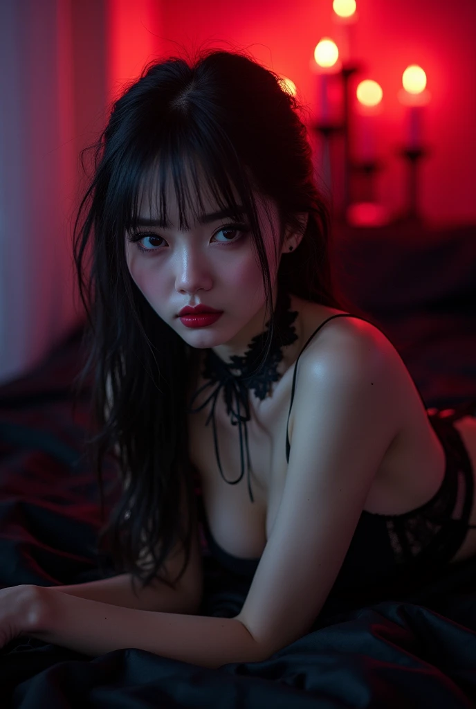1girl, masterpiece, highest quality, best quality, , highly detailed, best illustration, glowing hair Lucia, looking at viewer, blush, bangs, black hair, gloves, dress, bare shoulders, jewelry, collarbone, earrings, black gloves, elbow gloves, indoors, depth of field, blurry background, on bed,all fours,very good lighting, ray tracing, semi realistic, black thighhighs, red eyes, two tone hair, see-through sleeves, seducing