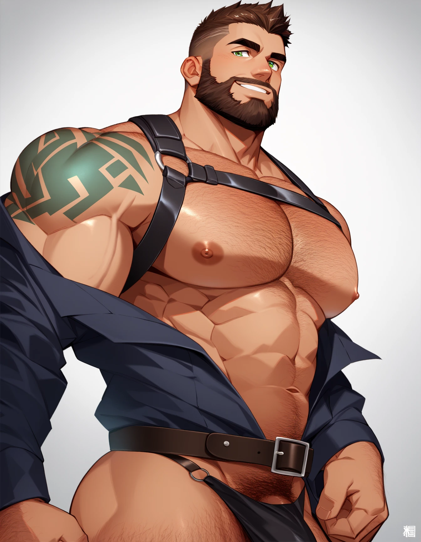 1 man, muscular athletic, bearded, tattooed, bdsm costume, naked, posing in the street, wearing jacket black jockstrap and leather harness, charming deep eyes, sun light muscles, muscular athletic, wearing jacket and leather harness, high resolution, detailed penis, defined muscles.