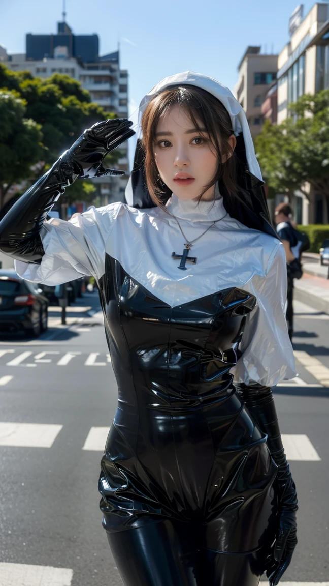 masterpiece, best quality, (cityscape:1.4),(street:1.4),(:1.3), (outdoors:1.3), (photorealistic:1.4), (ultra detailed:1.3), unity 8k wallpaper, 1girl, solo, long hair, jewelry, latex , latex gloves, necklace, nun, stabbed by knife stomach