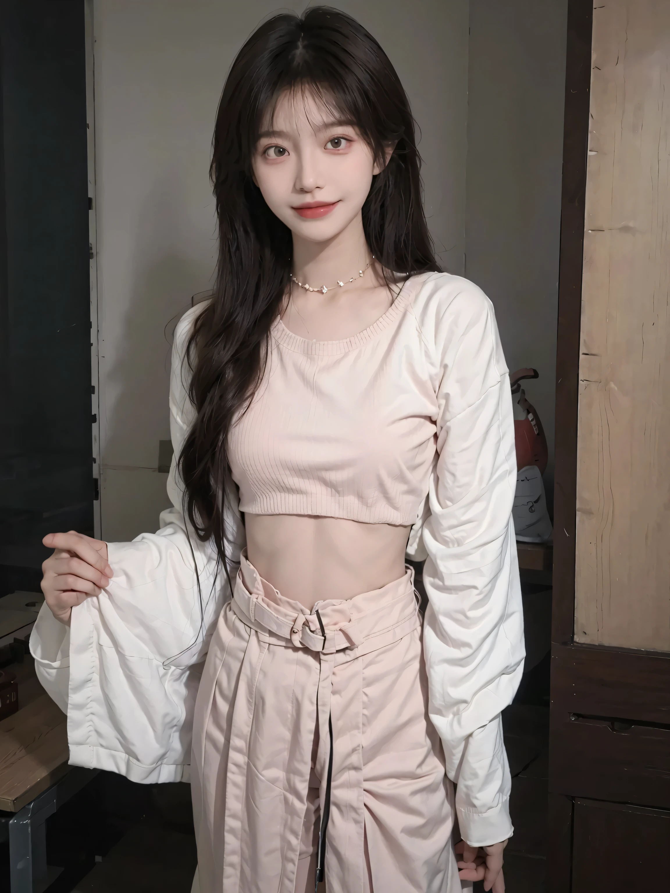 best quality, Ultra-high resolution,16K, Snow White Background,Abdominal muscles,(Realistically:1.4), girl,JK, A pair of eyes as clear as snow,Imperial sister,Black long straight, Looking at the audience,