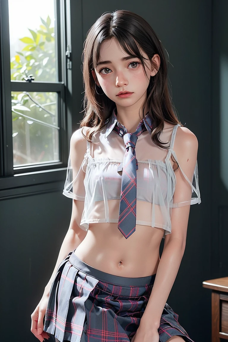 ((Highest quality)), ((masterpiece)), (detailed), (classroom), One girl, ((nipple)),sexy, 18 years old、Japanese、((flat chest:1.5)、可愛いJapanese、A bow tie、((nipple))、frilled panties、Perfect Face、(( pretty eyes)) 、Idol-like face、living、micro mini skirt、((glistening eyes )),((large eyes))、Japanese、Brown eyes