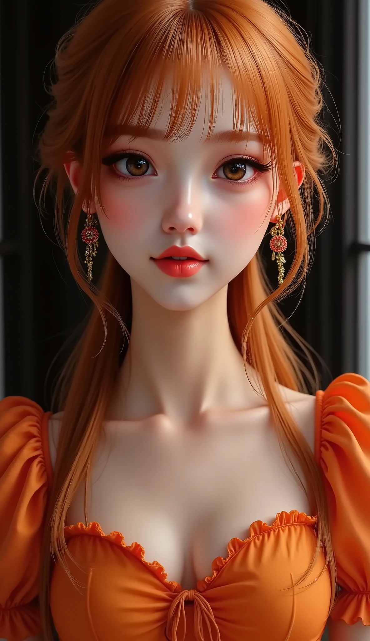8K, masterpiece, top quality, Femme, Flamboyant orange hair, mouvement de cheveux semblables à des flammes, orange dress with puffed sleeves, dramatic lighting, fond sombre, fire goddess aesthetic, regard intense, ethereal beauty, high contrast eyes, couleurs vibrantes, fantaisie