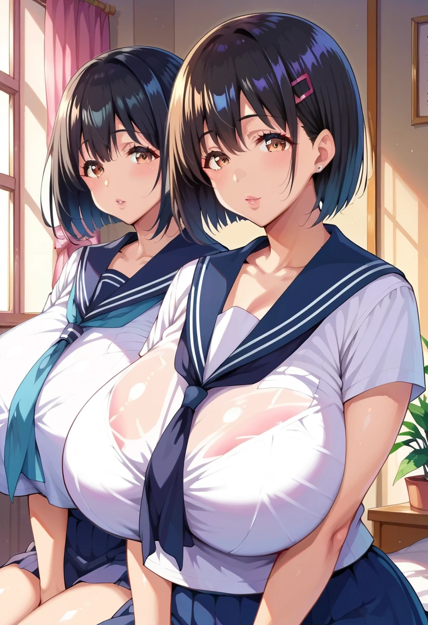 2lady(different hair style and clothes color), ((ultra-quality)), (Bukkake:1.5), (side view), (profile), (from back), (side boob), (side colossal tit:1.5), (pressing their chests together), (nude upper body), (in 8K), (arms behind back:1.5), (arms are down), ultla highres, Hyper Detailed, High contrast, Ultrafine Strike, creative refinement, absurdres, Realistic, extremely detailed CG unified 8k wallpaper, Highly detailed, High-definition raw color photos, professional photography, Realistic portrait, Cinematic Light, Beautiful detailed, 28 years old woman, (realistic skin:1.3), (shiny skin), (Best Quality:1.4), Super Detail, High quality, master piece, lifelike, (After SEX), Bukkake, Perfect face, (cum on chest:1.5), (Bukkake:1.3), (cum on clothes:1.3), (Sharp Focus), (upper body), (close up), Delicate Beautiful Hair and Eyes and Face, Delicate eyes, radiant eyes, Lifelike, Hyper-detailing, (Wearing a dark sailor uniform), (school costume), (dark sailor collar), (black japanese school shirt), (exposed), (pleated skirt), (large areola), (colossal tits:1.8), (big breasts:1.5), (Beautiful breasts:1.5), (exposed breasts), (puffy nipples:1.3), (sexy nipples:1.3), (arms behind back:1.3), Beautiful cute woman, camel-toe details, (NSFW), wet clothes, pale black eyes, (bob cut), (ponytail), (asymmetrical bangs),