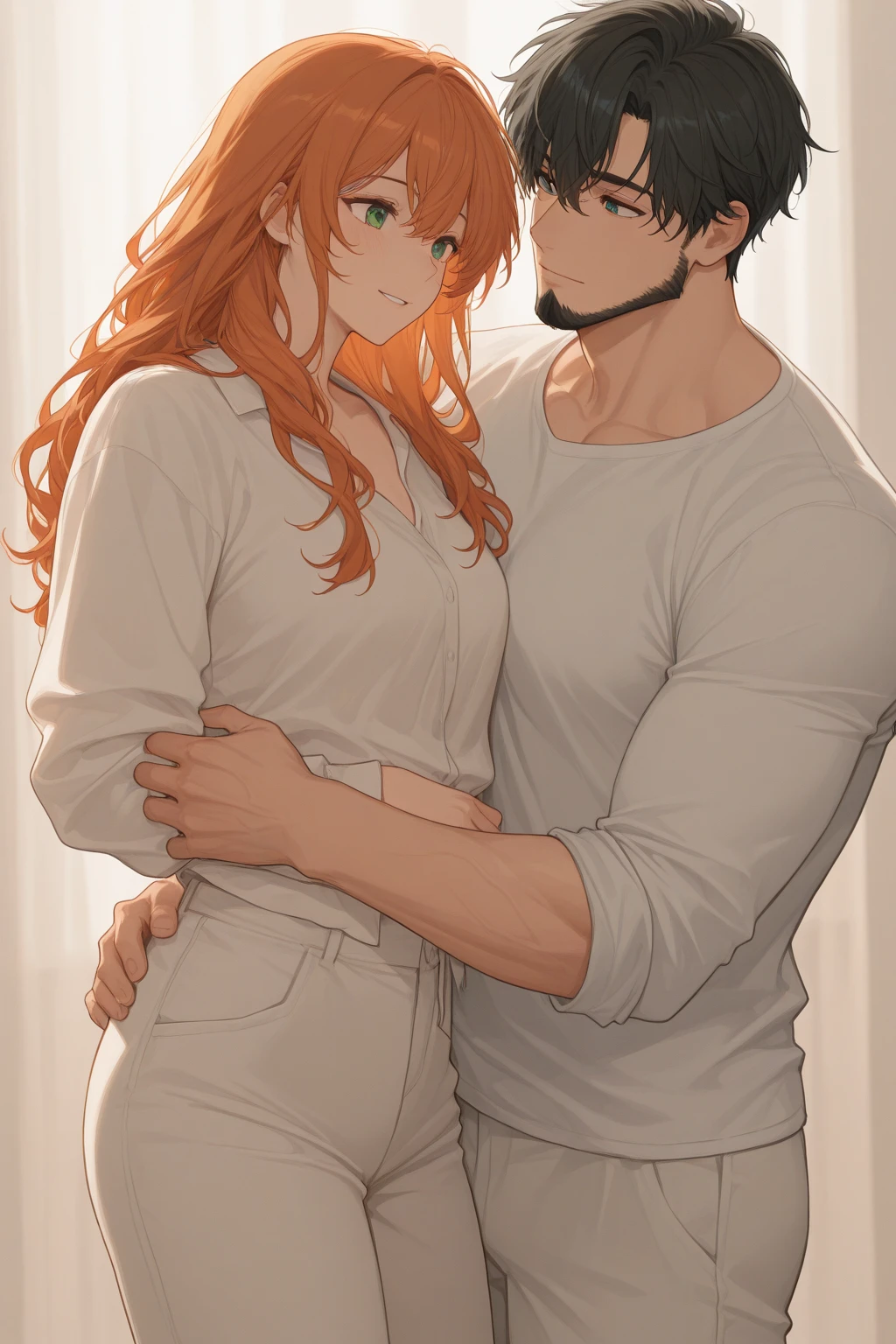 1female,and 1male:1.1, In the Residence room, ((masterpiece,best quality, photo-realistic)), (pale skin), (Perfect ???????, perfect hands:1.2), natural light, (brown eyes, sharp-long brown eyes, half closed eyes, upturned moist eyes:1.2), (heart-shaped face, delicate facial features, emphasis on facial expression), (jet-black hair, semi-long hair, colored inner orange hair, split colored hair:1.25), (white sweater:1.4), (long-sleeve:1.3), ((off shoulder, navel, stomach):1.3),BREAK,(1 mature male:1.3),very short hair,in black suits, and 1 female, they are a immoral couple:1.5), Cute 28yo female, sitting in the chair, (perfect breasts, Physically-based rendering:1.2),