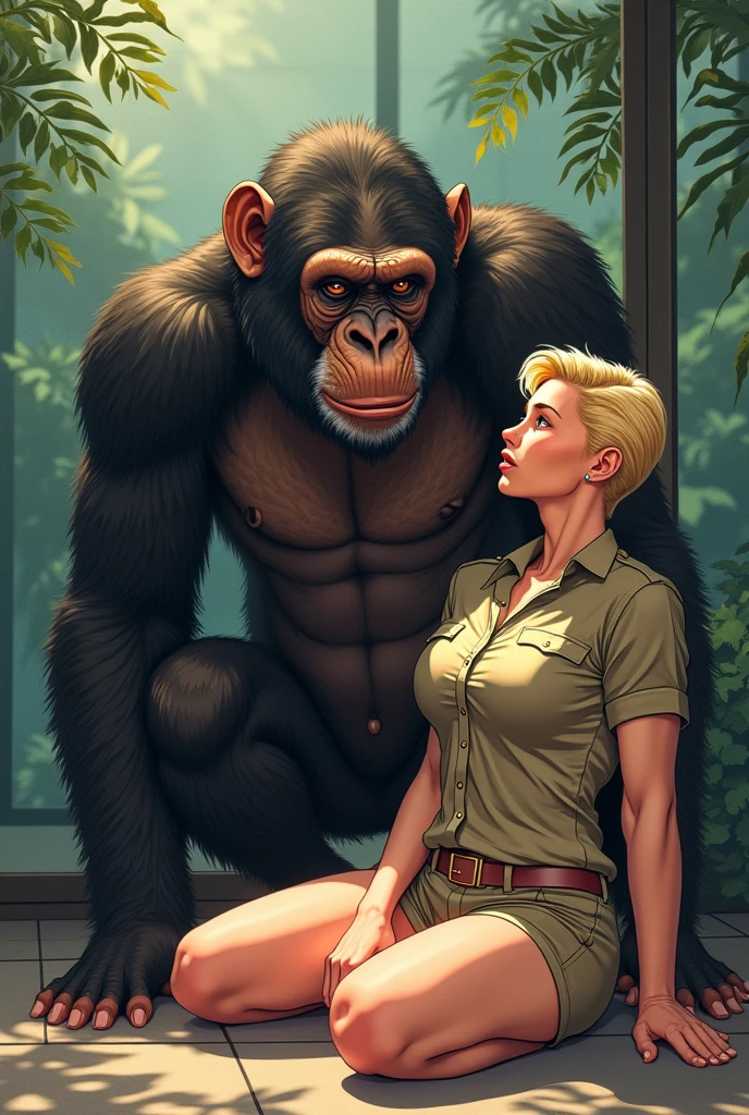 (Lara Croft, large breasts, sparse pubic hair) triple penetration huge male gorillas with gorilla penis in ancient ruins in the jungle