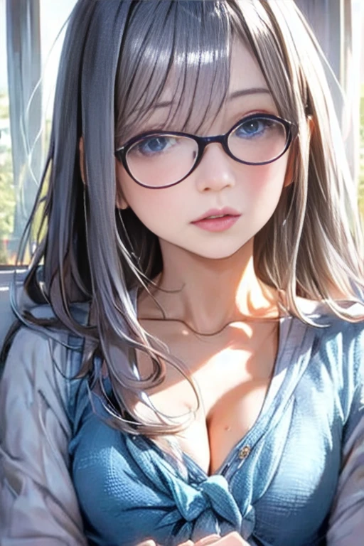 (Best quality, 4k, Masterpiece :1.3), beautiful woman, hyper realistic, 1girl, (droopy breasts, attractive body :1.2), stand:1.1, (very short disheveled dark blue hair with bangs:1.3), ultra-detailed face, detailed lips, detailed eyes, double eyelid, topless, hanging breasts, visible curves, light blue cropped micro denim shorts, perfect medium breasts, yellow eyes, pink high heels, open sky with sun, smiling, european girl, narrow hips, (ahoge:1.2), (megane:1.3)