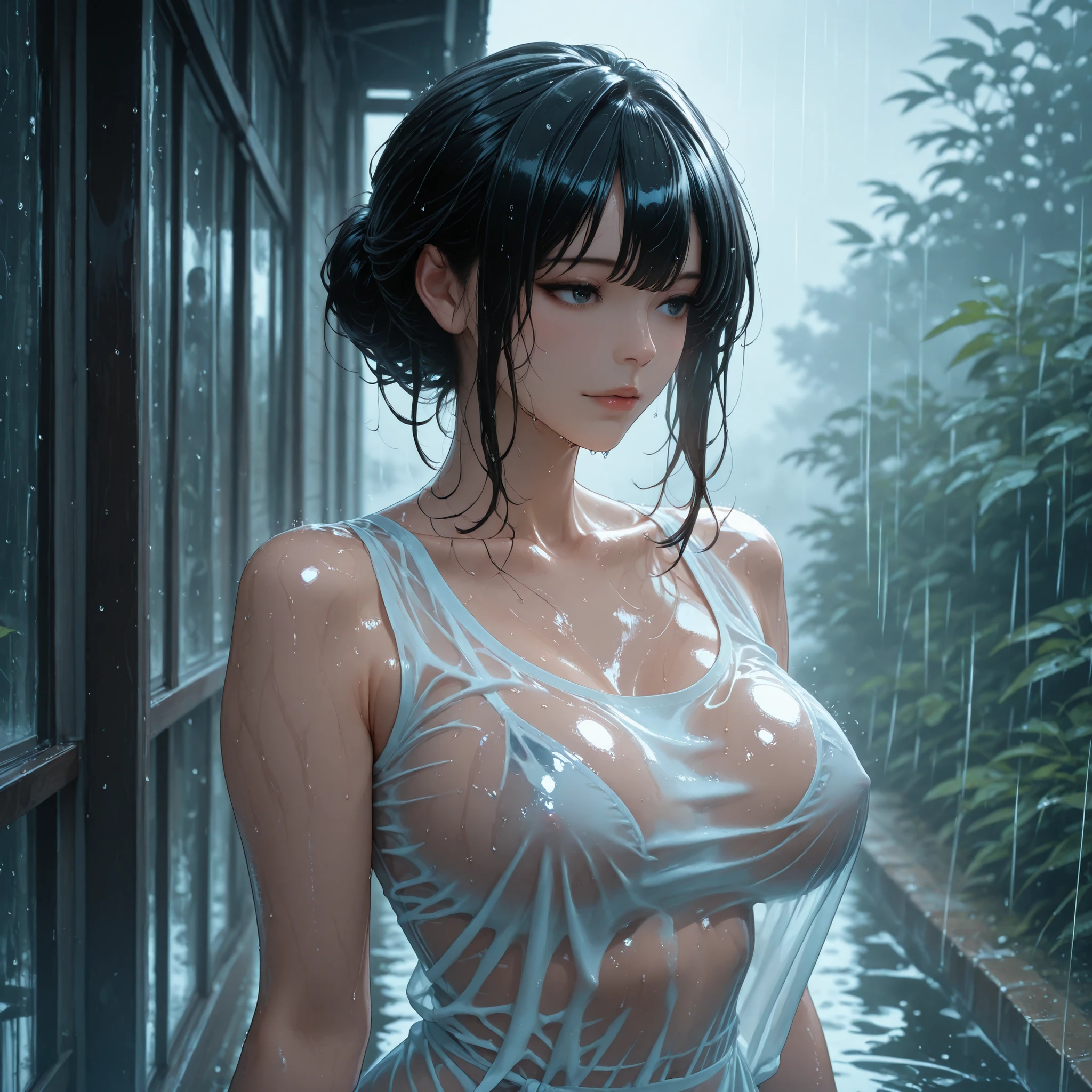 silhouette of Invisible girl 95% transparent wet from the rain, you don't see the body just the water, the water showing all her body curves, can see through her body, 4K 8K high quality