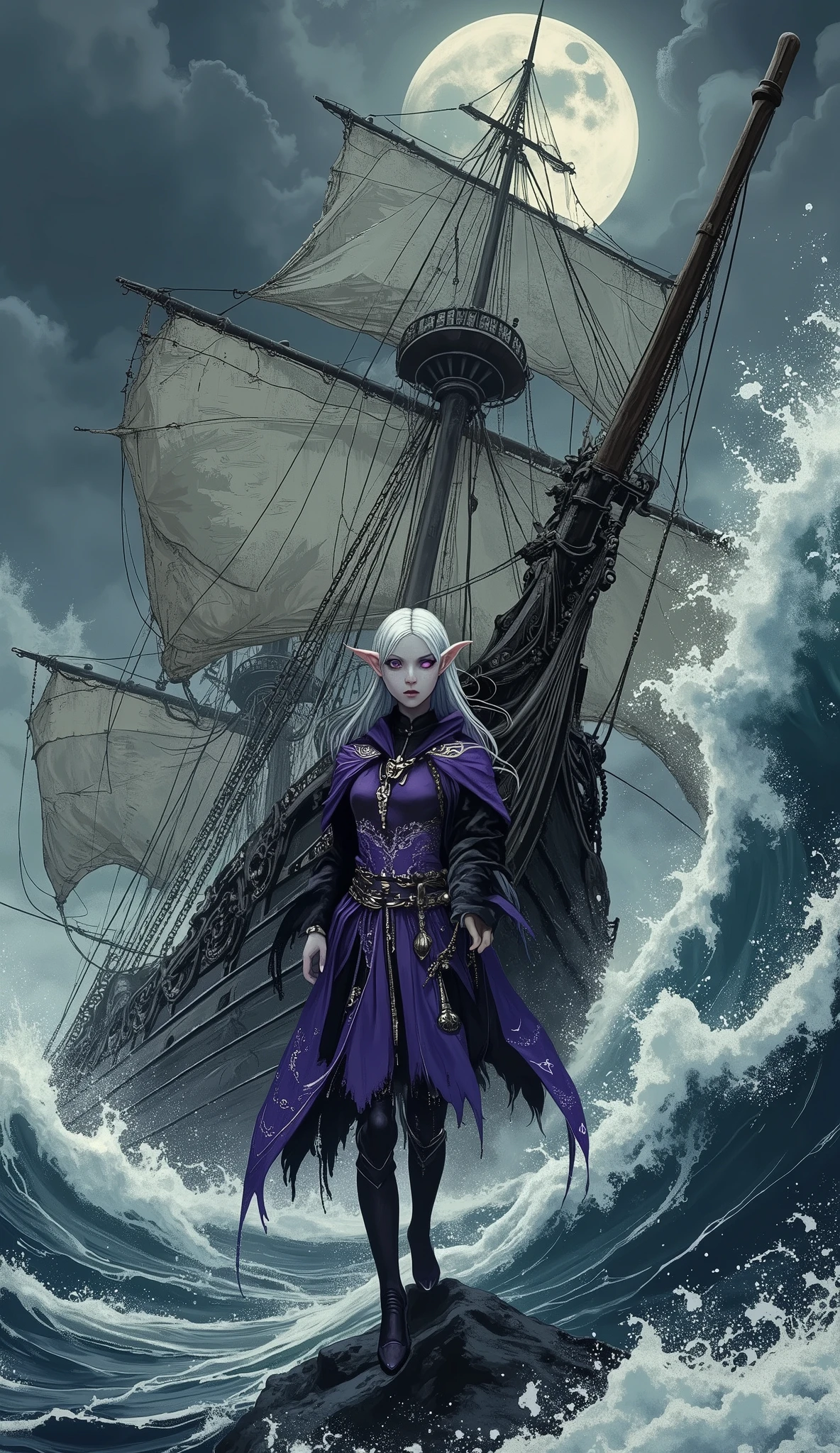 (A fusion of Ukiyo-e and dark fantasy. Aesthetic and gothic digital art. Draw a detailed face. Look away. Draw the picture at an angle.) BREAK
(White hair. Blunt bangs. White eyebrows. Long white eyelashes. Almond-shaped eyes. Lavender eyes. Dark, thick eyeliner. Small pink lips. Slightly pointy ears. Dark purple skin. Thin limbs. Thin fingers. White fingernails. One thumb and four fingers accurately drawn.) BREAK
(A beautiful, regal dark elf woman, an admiral, stands on the slanting deck at the bow of a large, medieval Spanish warship, its structure clearly showing the robust design of a 16th-century galleon. A violent tempest rages around her; the ship is severely tilted by a massive rogue wave, and the sea is a chaotic maelstrom of dark, frothing water. Her luxurious, dark-colored attire, reminiscent of high-ranking Spanish naval officers, and her long, dark hair are drenched and violently whipped by the gale-force winds and relentless sea spray. She looks forward, her expression a mix of stoicism and deep melancholic resolve, her luminous eyes reflecting the stormy sky.) BREAK (Peering up from the turbulent depths of the ocean, a magnificent, ancient guardian goddess statue, carved from dark, gleaming stone or obsidian, emerges. The goddess, with a serene yet powerful countenance, seems to watch over or judge the admiral. The perspective is low, looking up at the admiral and the statue from the turbulent water level. Focus on the raw power of the storm, the vulnerability and strength of the admiral, and the mysterious, divine presence of the goddess. Atmospheric, high contrast, dramatic shadows, a sense of foreboding and epic scale.)