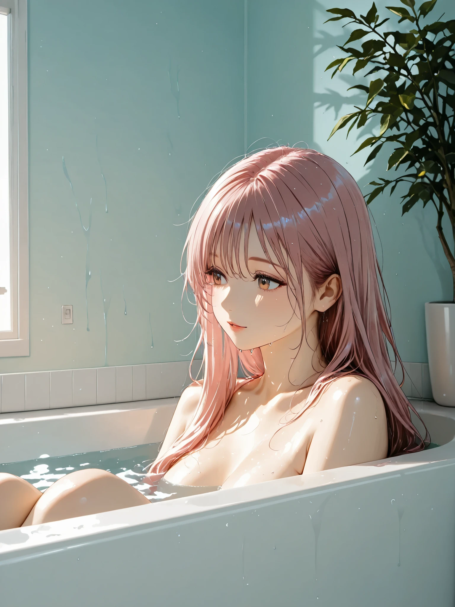 upper body,long hair,pink Hair, model,clear makeup, taking a bath,bathroom,wet hair