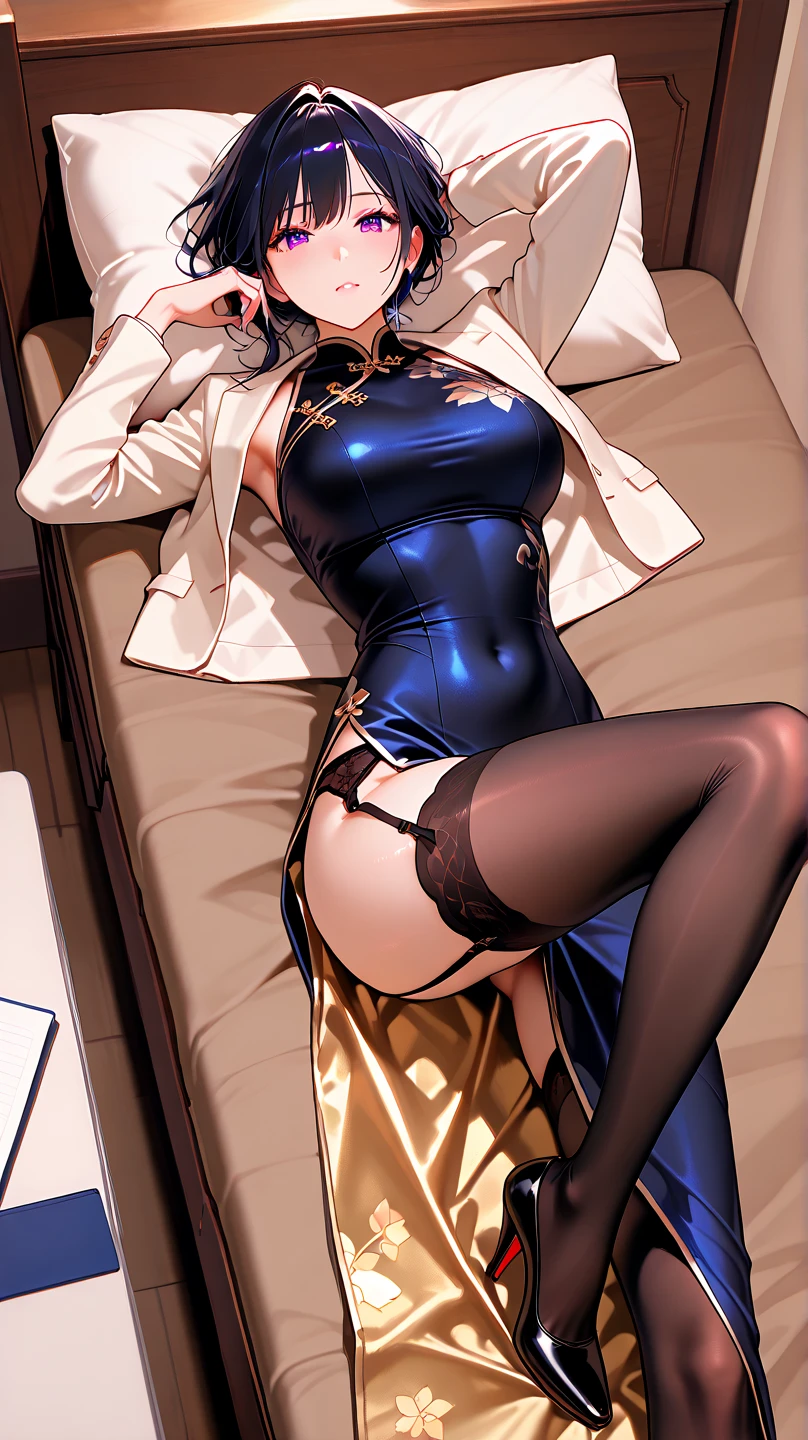 White hair , short hair, pinched eyes, (big-:1.5), Thin legs, thin body, leather collar, Maid outfit victorian, dynamic pose, full body, view from below, wide hips, kneel on the sheet in bed. purple skin, drow elf