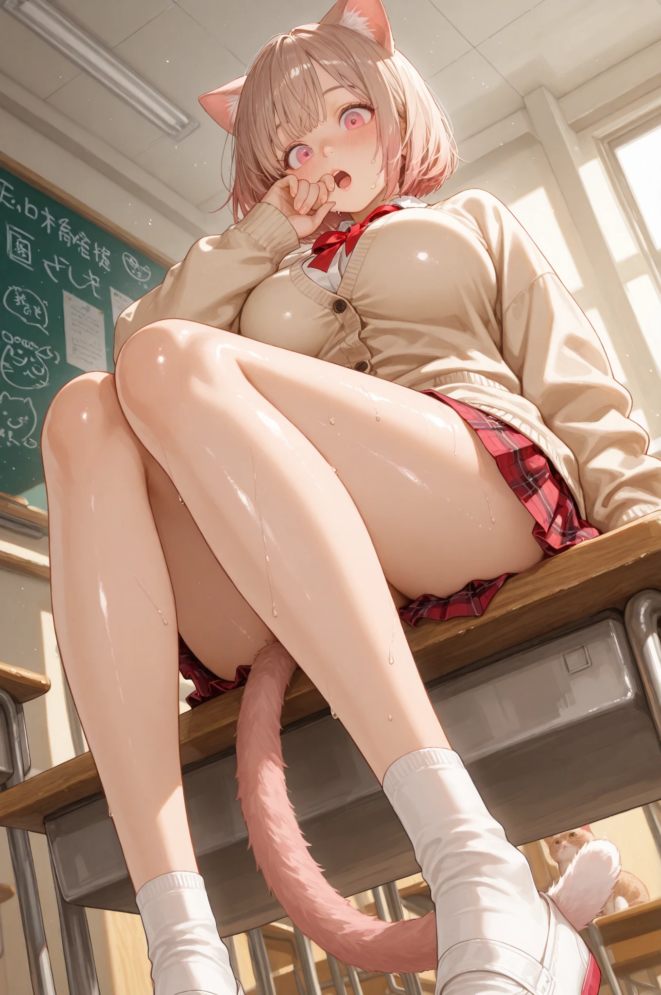 highest quality、masterpiece、1 girl、(Ahoge)、(blush:1.5)、(smile:1.5)、((fun!!))、cute、()、、high school girl、((classroom:1.5))、()、、Kamimei、look at me、(No panties:1.3)、((shaved pussy:1.5)), ((red bow tie, , black jacket, open jacket, white cardigan, white shirt, black skirt, plaid skirt、black socks))、 (No panties:1.3)、((shaved pussy:1.5))、(highly detailed closed labia:1.5)、((pee is coming out:1.8))、peeing