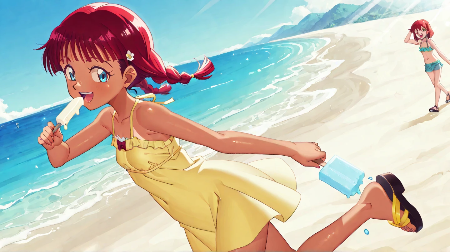 Hatsume Mei, short summer dress, short yellow dress, Short raised dress, wind, white thong, playa, standing, medium breasts, perfect legs, perfect arms, pose sexy, perfect body, tomorrow