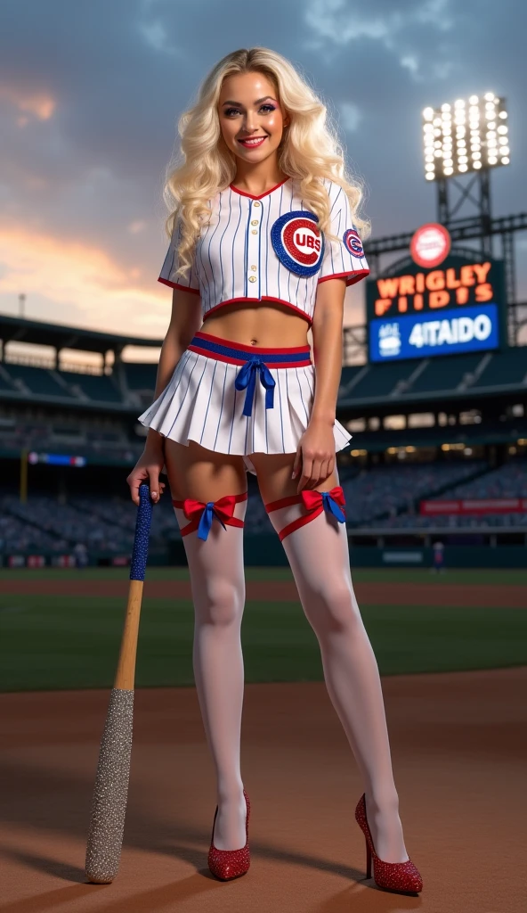 Beautiful girl, makeup, Red lips, medium body, medium chest, femoral, baseball cheerleader outfit, jumping position, stadium landscape, blonde hair, blue eyes, europian girl.