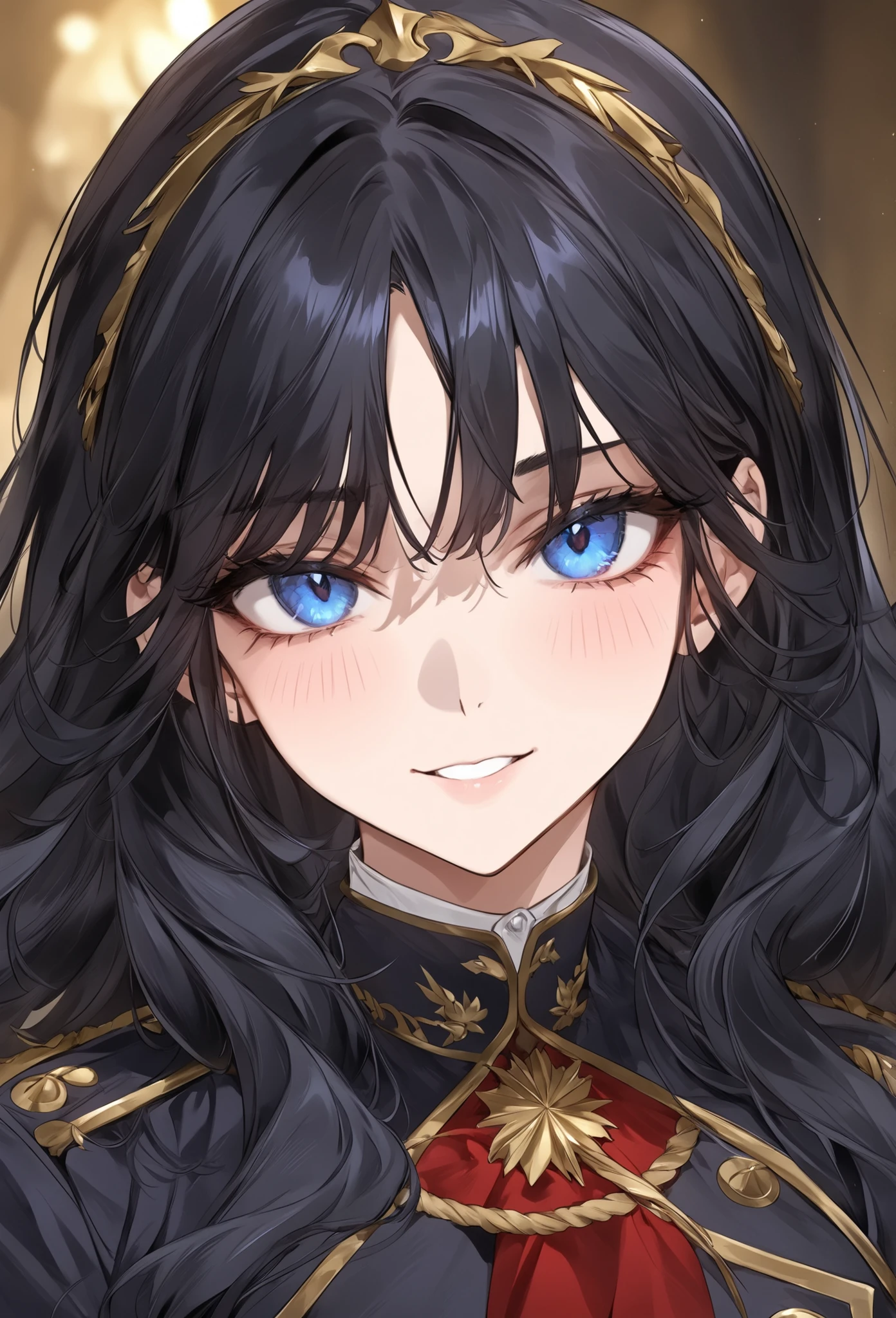 score_9, score_8_up, (masterpiece, top quality, best quality, official art, beautiful and aesthetic:1.2), (8k, best quality, masterpiece:1.2), (((masterpiece))), (((best quality))), (((extremely detailed))), illustration, (masterpiece, top quality, best quality, official art, beautiful and aesthetic:1.2), (8k, best quality, masterpiece:1.2), see-through, source_anime, 1girl, adult, ((dark hair)), dark hair, ((intimidant look)), ((close-up)), blue eyes, uniform, sexy, dark colors, brillant eyes, ((wavy hair)), perfect hands, ((intimidant look)), good anatomy, ((militar uniform)), emotionless, intimidant, ((beautiful eyes)), close up, ((detailed eyes)), beautiful eyes, ((detailed face)), arrogant smile, detailed face, full body, full body, evil smile