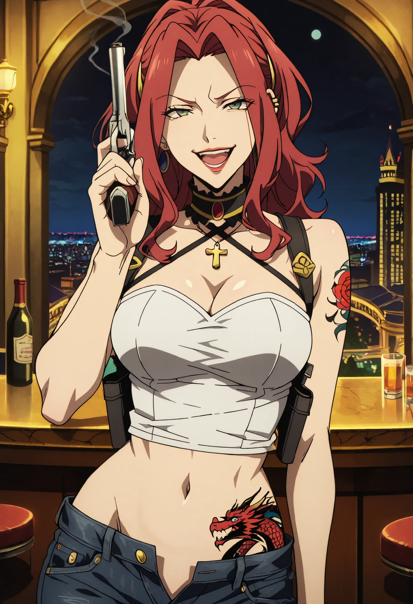 masterpiece, anime coloring, newest, Malty S Melromarc, Main Outfit, solo, looking at viewer, castle,inside castle, , ear piercing, long hair, lipstick,Hot girl, baddie, smoking, sensual, attractive ,cross
necklace, choker, bar background, inside bar, indoors, cityscape, casino, nightclub, city lights,,pull_down jeans(show off panties,:1.2, no panties),masterpiece,high quality,4k,belly,,holding pistol,cleavage, ,unbuttoned shirt, collared shirt, knot, smile, open mouth, (nsfw) not safe for work, evil expression,belly, exposed navel, exposed midriff, exposed lower belly,dragon print jacket, unbuttoned jeans , low rise black jeans, Low rise jeans with open fly,, criss-cross halter, shoulder holster , medium breast ,looking at viewer , dragon tattoo on waist, narrowed eyes, tattoo on waist, anipai_style , anime screencap , anime coloring, v-shape eyebrows,