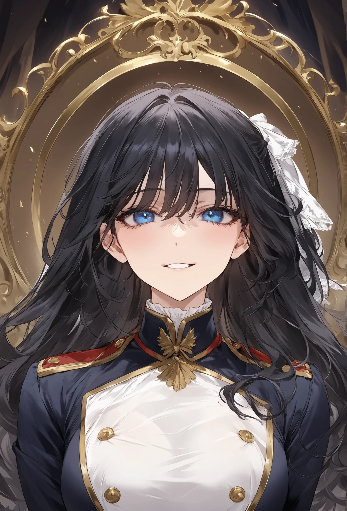  score_9, score_8_up, (masterpiece, top quality, best quality, official art, beautiful and aesthetic:1.2), (8k, best quality, masterpiece:1.2), (((masterpiece))), (((best quality))), (((extremely detailed))), illustration, (masterpiece, top quality, best quality, official art, beautiful and aesthetic:1.2), (8k, best quality, masterpiece:1.2), see-through, source_anime, 1girl, adult, ((dark hair)), dark hair, ((intimidant look)), ((close-up)), blue eyes, uniform, sexy, dark colors, brillant eyes, ((wavy hair)), perfect hands, ((intimidant look)), good anatomy, ((militar uniform)), emotionless, intimidant, ((beautiful eyes)), close up, ((detailed eyes)), beautiful eyes, ((detailed face)), arrogant smile, detailed face, full body, full body, evil smile