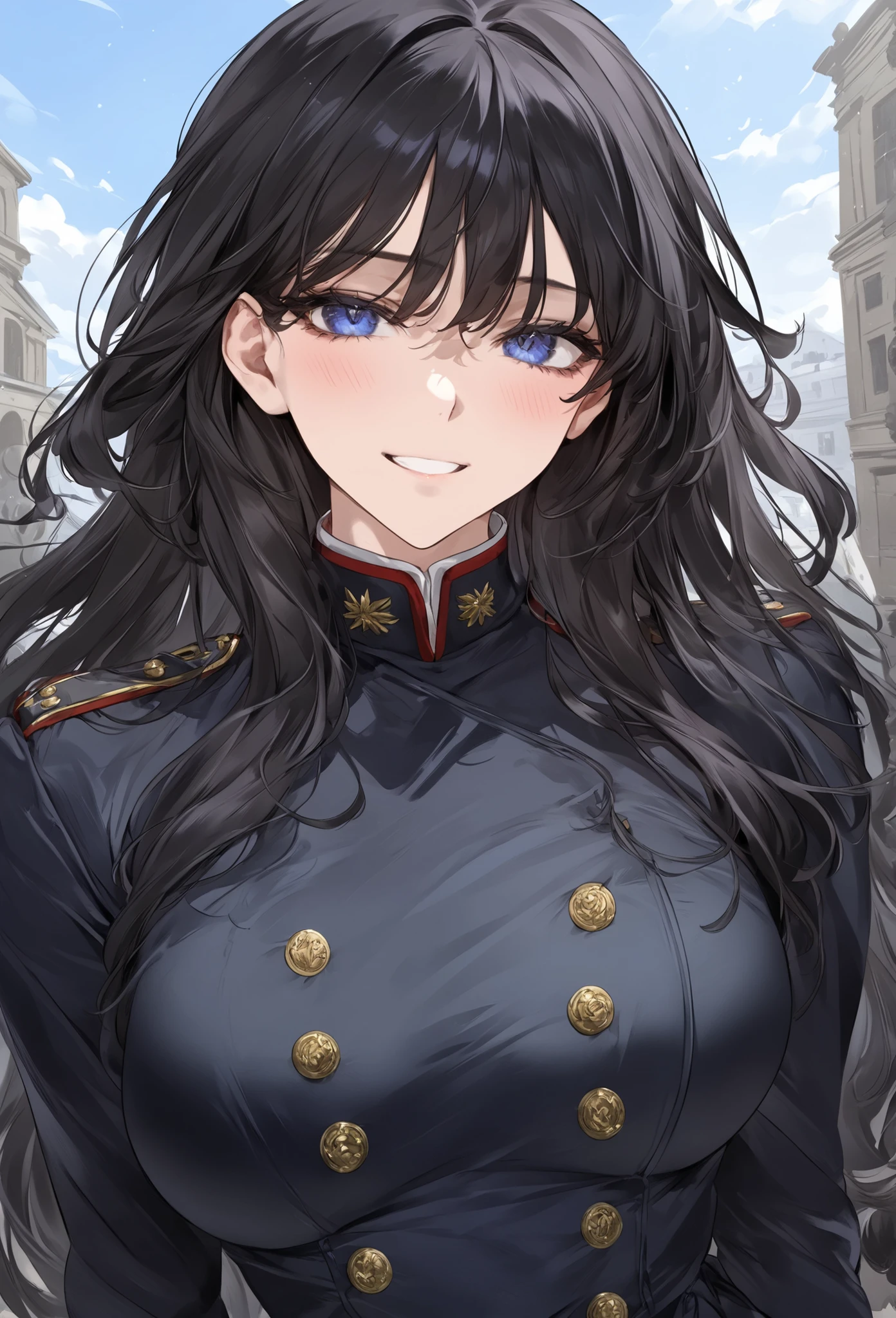 score_9, score_8_up, (masterpiece, top quality, best quality, official art, beautiful and aesthetic:1.2), (8k, best quality, masterpiece:1.2), (((masterpiece))), (((best quality))), (((extremely detailed))), illustration, (masterpiece, top quality, best quality, official art, beautiful and aesthetic:1.2), (8k, best quality, masterpiece:1.2), see-through, source_anime, 1girl, adult, ((dark hair)), dark hair, ((intimidant look)), ((close-up)), blue eyes, uniform, sexy, dark colors, brillant eyes, ((wavy hair)), perfect hands, ((intimidant look)), good anatomy, ((militar uniform)), emotionless, intimidant, ((beautiful eyes)), close up, ((detailed eyes)), beautiful eyes, ((detailed face)), arrogant smile, detailed face, full body, full body, evil smile