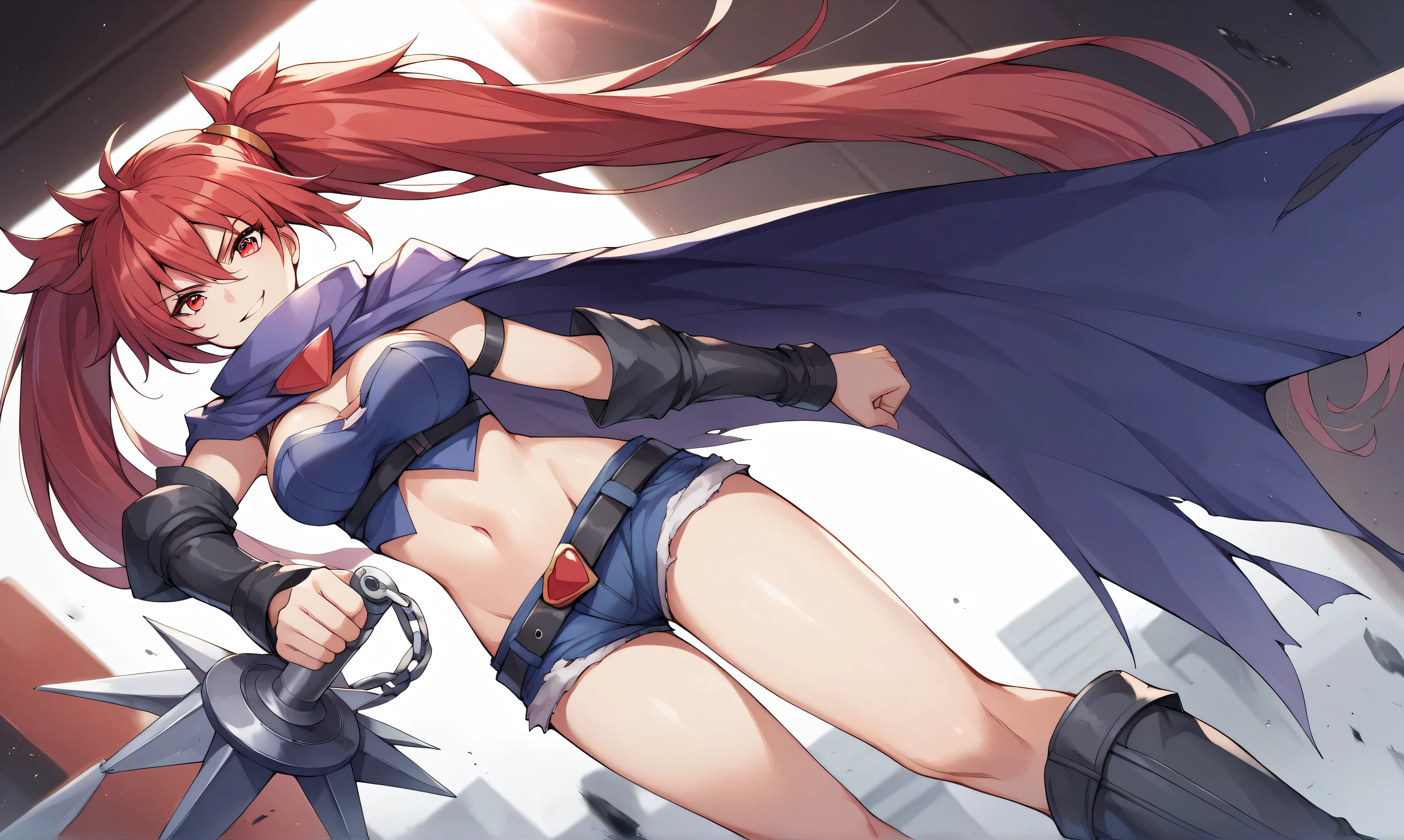 masterpiece, best quality, highly detailed, highres, hdr, kallen stadtfeld, code geass, 1girl, solo blue eyes, hair intakes, large breasts, red hair, short hair, skin tight, spiked hair cowboy shot, intense angle, mksks style, beautiful background, detailed background, professional lightning, nsfw,<lora:TsumasakyKallenStadtfeld_v1:0.6>, pussy, cleavage, tail masturbation