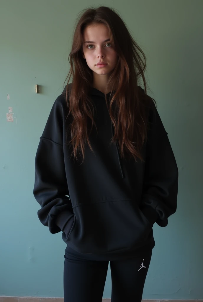 Teenage girl, brown hair, brown eyes, wearing all black clothes