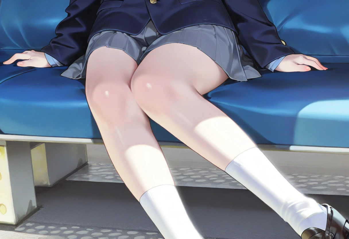 (Masterpiece:1.2), (high quality), (pixiv:1.4), (anime:1.4), panties, loose socks, black hair, buttocks, blue skirt, solo, blazer type, loose socks, lifting clothes, brown eyes, pure gaze, miniskirt, herself lift, plaid skirt, blush,((medium breasts)), (heart-shaped pupils),(side ponytail), (a lot of sweat), Long hair, Physical education sitting, beauty legs, ((on the train))