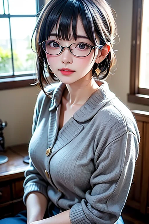 There is a woman sitting on the floor with her legs crossed..., Wearing glasses, Japanese Model, Wearing glasses on, Wearing square glasses, Young Sensual Gravure Idol, Yasumoto Oka, Genuine young gravure idol, Without glasses, Yoshitomo Nara, Aoi Ogata, Wearing glassesいる, Surreal,Provocative,((Beautiful Skin)),((Skin Texture)),((Real Touch)), healthy, unreddish skin, Cute freckles on the cheeks,Mole under left eye,