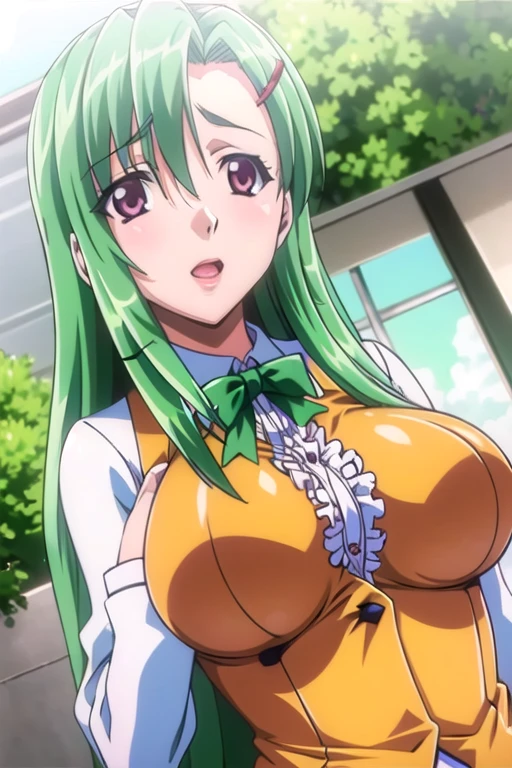 (lum), long hair, breasts, blue eyes, green hair, strapless, makeup, eyeshadow, tiny horns, score_10, score_9, score_8_up, anime screencap, seductive, huge breasts, round breasts, Large stature, solo, outdoors, outside background, perfect fingers, 5 fingers, perfect hands, upper body, cute face, lingerie, strapless bottom, (smile), Uncovered, large breasts, thighhigh boots, unveiled, pouting face, corset, undressing eyes, (eyelid pull), Non-blurry fingers, high resolution, from side, hair bow, loincloth with no panties, broomstick between legs, sitting on broomstick,