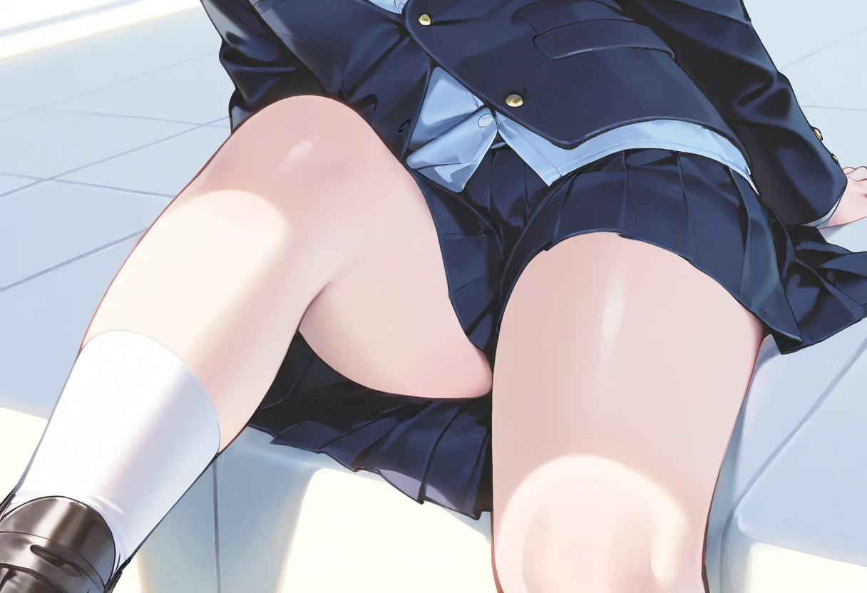 Japanese 18 year old female,Cosplay Japanese Uniform,Squat,(Knees and thighs together:1.2),Upskirt from under the skirt,High school hallway,Shooting from a low angle,(Focus on her crotch:1.1),She shows her knees,Thrust your knees forward,Bring both knees together,Press both thighs together,(Put your hands on her knees:1.2)