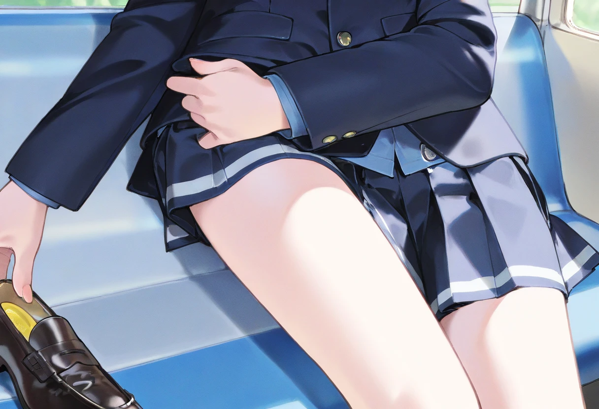 (((Spread your legs to accentuate your breasts)))、Uniform Blazer、Beautiful beauty、Golden short bob、((whole body))、(((Photo taken from below)))、school gate、Big Breastini skirt、Panties are white lace、Japanese、tall、18-year-old