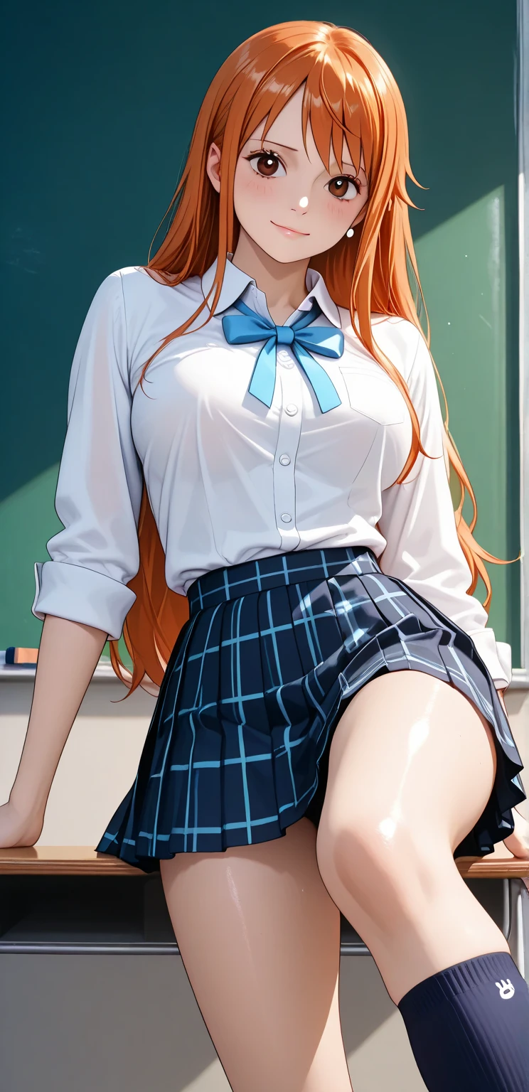 Girl in red hair and blue eyes, sitting on the floor, on her knees, realistic , hyperrealistic , a hyperrealistic , school girl, cute , beautiful high school girl, commission for high res, thighhighs and skirt, teasing smile, wearing skirt, school girl