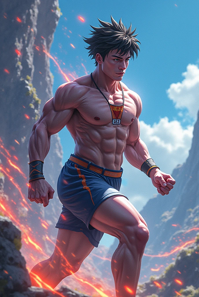 son goku, 1boy, closed mouth, male focus, muscular, muscular male, rock, sash, serious, solo, spiked hair, topless male, torn clothes, ultra instinct, black eyes, black hair, ((masterpiece))