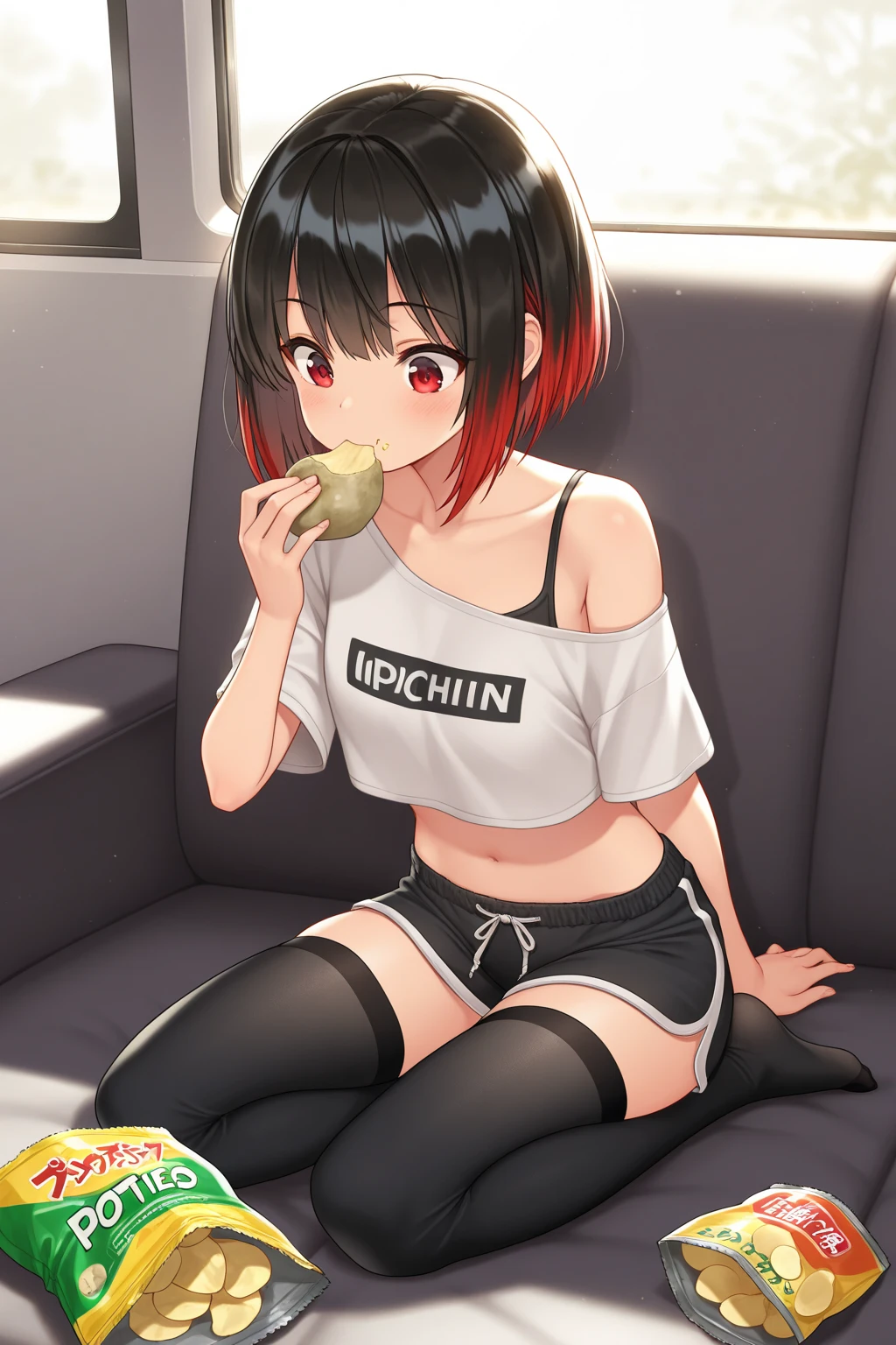 Fraction_9,Fraction_8_direction_7_up, 《Undertale》Chara, Grin, White Teeth, Red Eyes, White sclera, Brown shorts, Sitting on the sofa, In the living room, Spread your legs, barefoot, 5 toes, paw,(masterpiece, best quality: 1.2),Sexy eyes,Head close-up,Moist and sexy lips,A lot of saliva ,eating banana,Semen.