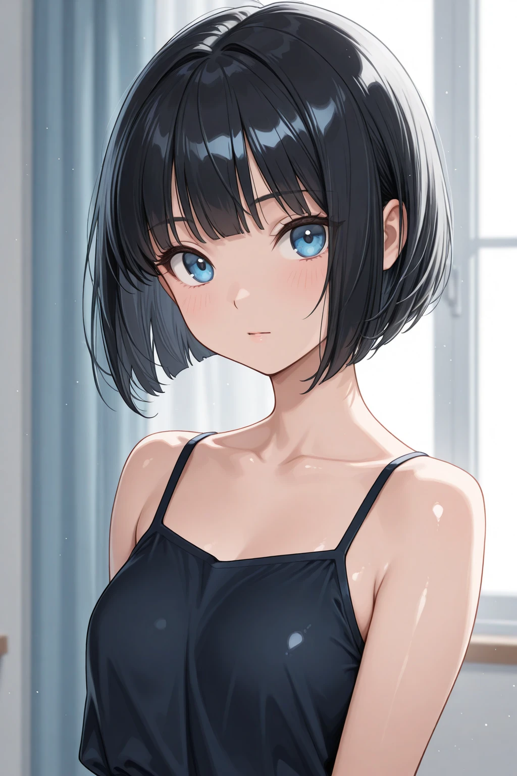 (best quality,4k,8k,highres,masterpiece:1.2),ultra-detailed,(realistic,photorealistic,photo-realistic:1.37),portraits,sexy,cute,woman,short black hair,bob style,beautiful face,plump face,seductive blue eyes,medium nose,deep pink blush,glossy red lips,smiling,long neck,visible collarbone,white t shirt,black graphics,shiny black pants,wooden wall,natural lighting,intimate moment
