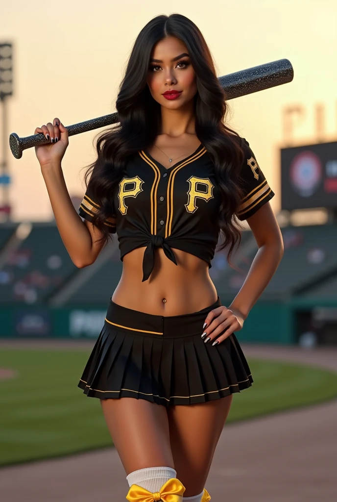 Beautiful 2 woman, 170 cm tall, 60kg weight, White skin, long dark hair, green eyes, hairstyle, wearing lingerie, baseball jersey, (((baseball helmet))), looking somewhere else, (((baseball field))), front of the window, smile, natural morning light, Realistic portrait, Very detailed, analog style, under the chest, (((whole body))), cute pinup pose, ((((you can read "pirates" on her jersey))))