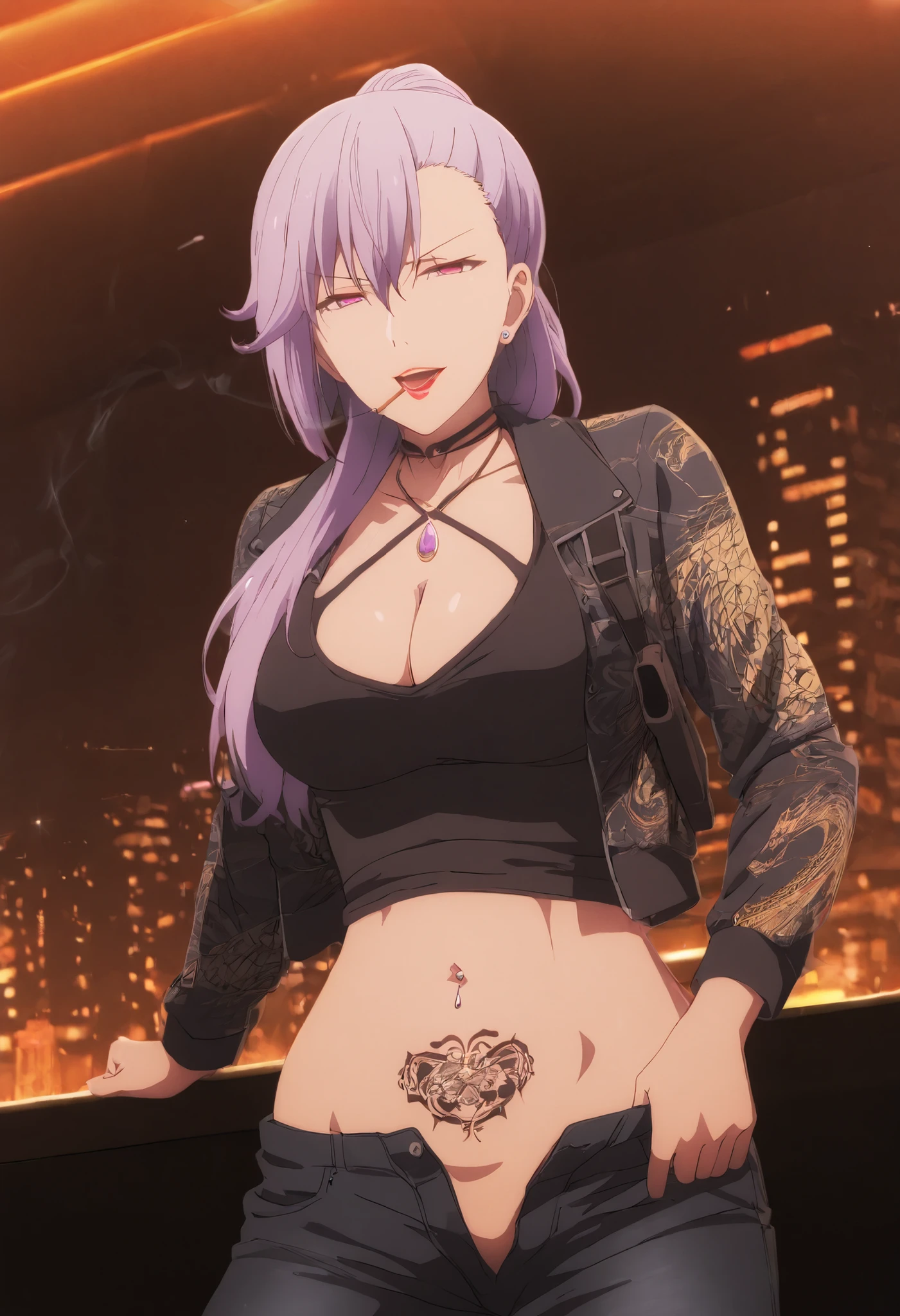 (asura style:0.8), score_9, score_8_up, score_7_up, score_6_up, score_5_up, score_4_up, uncensored, emilialudwell, purple hair, pink eyes, long hair, hair between eyes, ponytail, , side ponytail, asymmetrical hair, asymmetrical bangs,
jewelry, necklace, pendant, gem, red lips, bad attitude, mean girl, , ear piercing, long hair, , lipstick,Hot girl, baddie, smoking, sensual, attractive ,cross
necklace, choker, bar background, inside bar,indoors, cityscape, casino, nightclub, city lights, pull_down jeans(show off panties,:1.2, no panties),masterpiece,high quality,4k,belly,,holding pistol,cleavage, ,unbuttoned shirt, collared shirt, knot, smile, open mouth, (nsfw) not safe for work, evil expression,belly, exposed navel, exposed midriff, exposed lower belly,dragon print jacket, unbuttoned jeans , low rise black jeans, Low rise jeans with open fly,, criss-cross halter, shoulder holster ,navel piercing , , medium breast ,looking at viewer , dragon tattoo on waist, narrowed eyes, tattoo on waist, anipai_style , anime screencap , anime coloring, v-shape eyebrows,