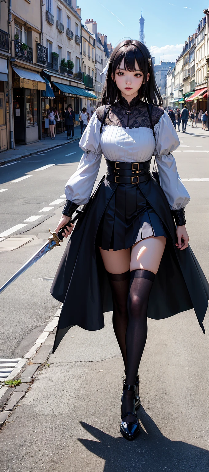 (Best quality, Ultra-detailed, Photorealistic:1.37), 3D anime style girl with green wavy curls, A girl with beautiful and delicate facial features and long eyelashes, Intense red eyes that reflect light, lusciouslips, Multi-colored crystal necklace, Black school uniform with short skirt, Clear black border thigh stockings, Perfect figure, full body shot of, Shot in ultra-wide angle anime style photography.