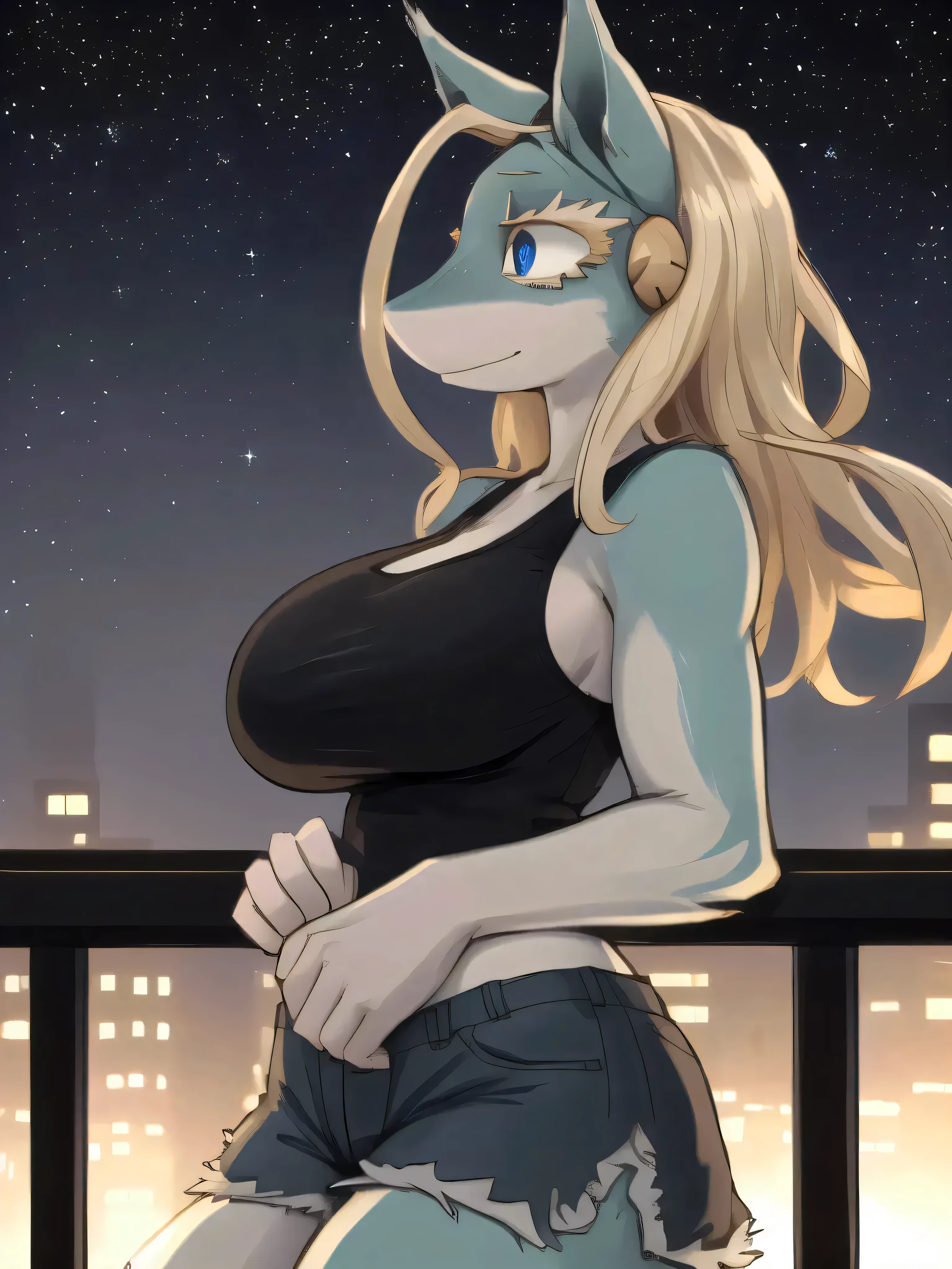 RAW photo, (high detailed skin, detailed eyes:1.1), intricate details, best quality, 8k uhd, 1girl, solo, furry, ippanjosei, two-tone fur, (large breasts:1.1), wide hips, blue eyes, big and soft smile, sfw, comfy, angle and size of body parts respects the angle of perspective, looking off into the distance, starry night sky and city in background, night, looking at sky, white tank top, black frayed hem jean shorts, standing on balcony, appropriate lighting, side view, side profile, dark light level, low light