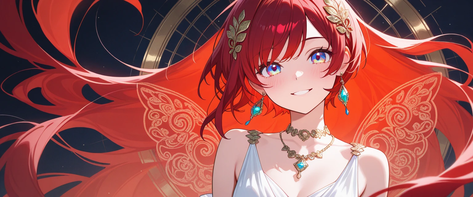 1girl, princess_elise, short hair, parted hair, red hair, blue eyes, hair ornament, necklace, white dress, portrait, look at viewer <lora:princess_elise:0.6>