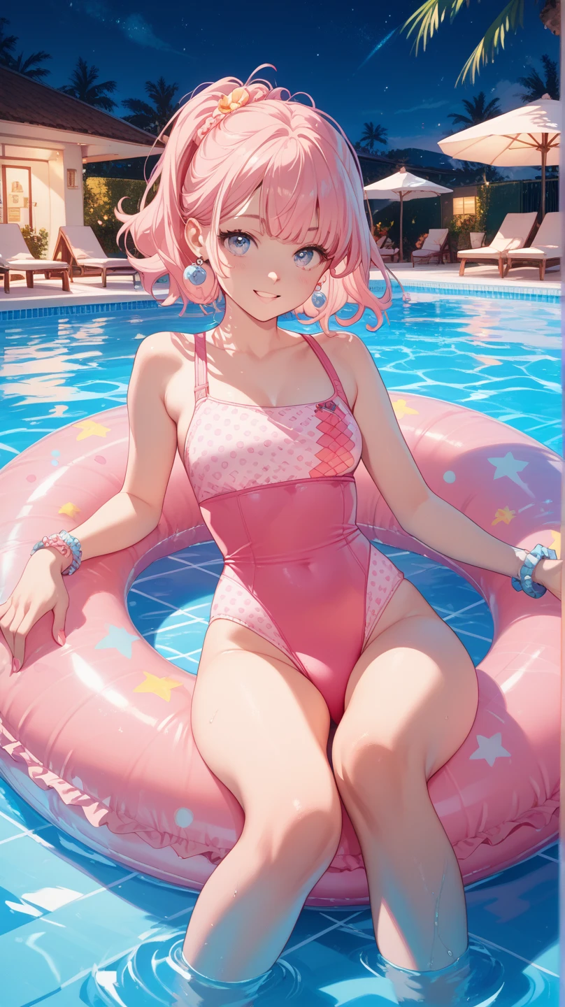 Pink swimsuit, pink pool float, large breats, 
