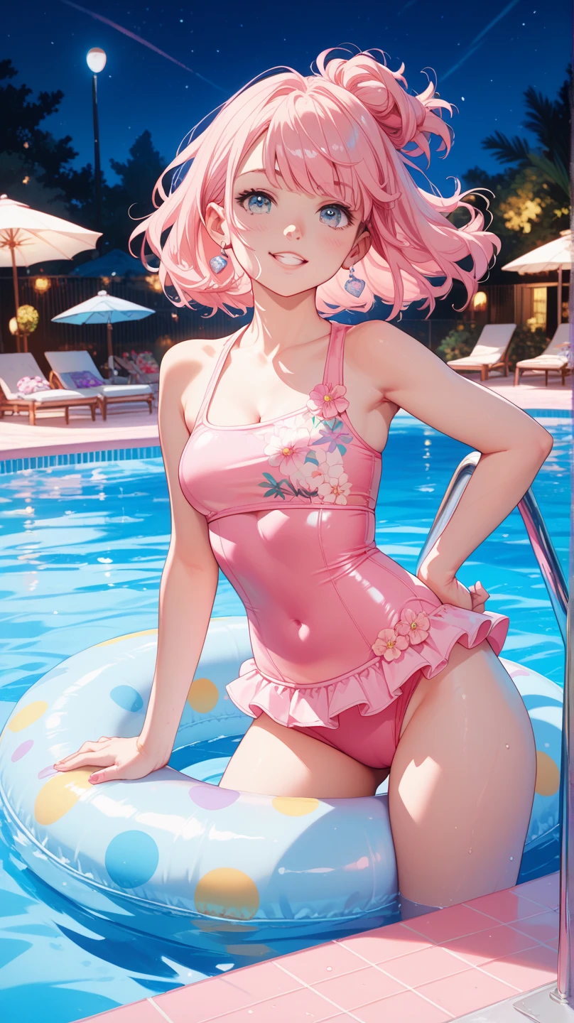 ((Bright pop-colored swimsuits, lying on the water and floating, Mediterranean Sea)), skindentation, skinny, solo, 1 woman, Masterpiece, highest quality, highest quality, 16K, incredibly absurd, highly detailed, 2.5D, delicate and dynamic, very delicate facial expressions, delicate eye depiction, erotic, only sexy woman, healthy figure, 25-year-old woman, bride, 160cm tall, medium firm swaying bust, (short hair), (pink hair:1.5), bob cut, black eye, blush, Sweat,Embarrassed,sexy, ((thin thighs)), (Erect nipples:0.9), (visible nipples:0.9), (camel toe:0.9), ((shiny and lustrous)), facing straight at viewer, (tan skin),dutch angle