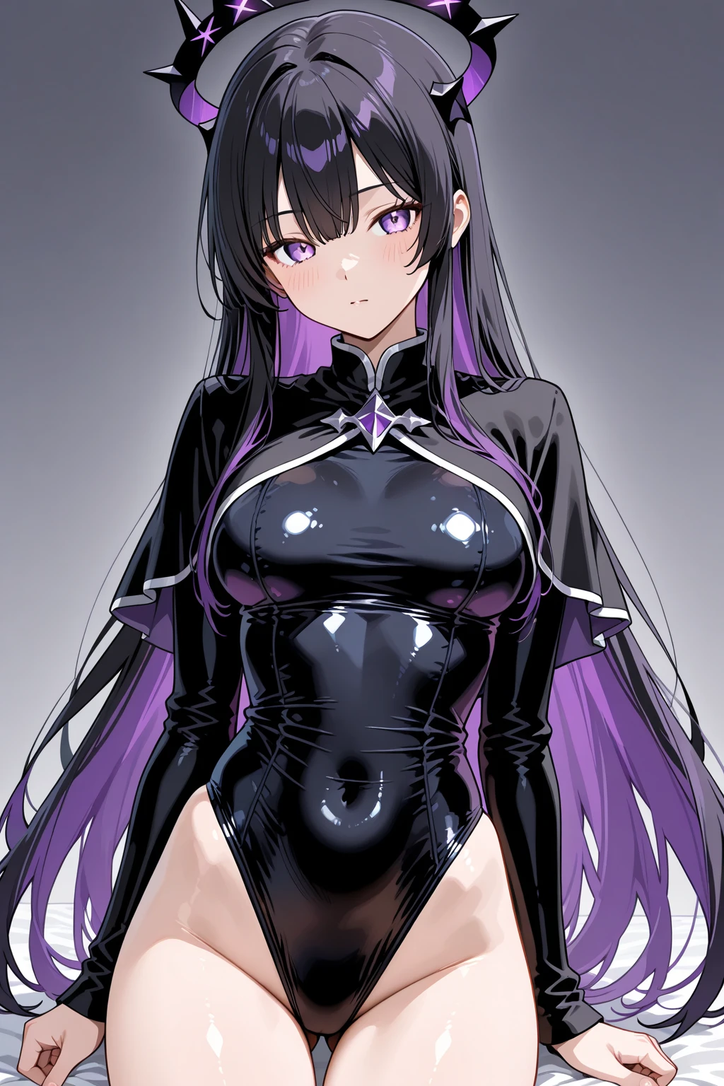 1 female、Black Hair、ponytail、Black bodysuit、
The legs are purple、Purple from shoulders to arms、Ninja Mask、Holding a sword in both hands、
