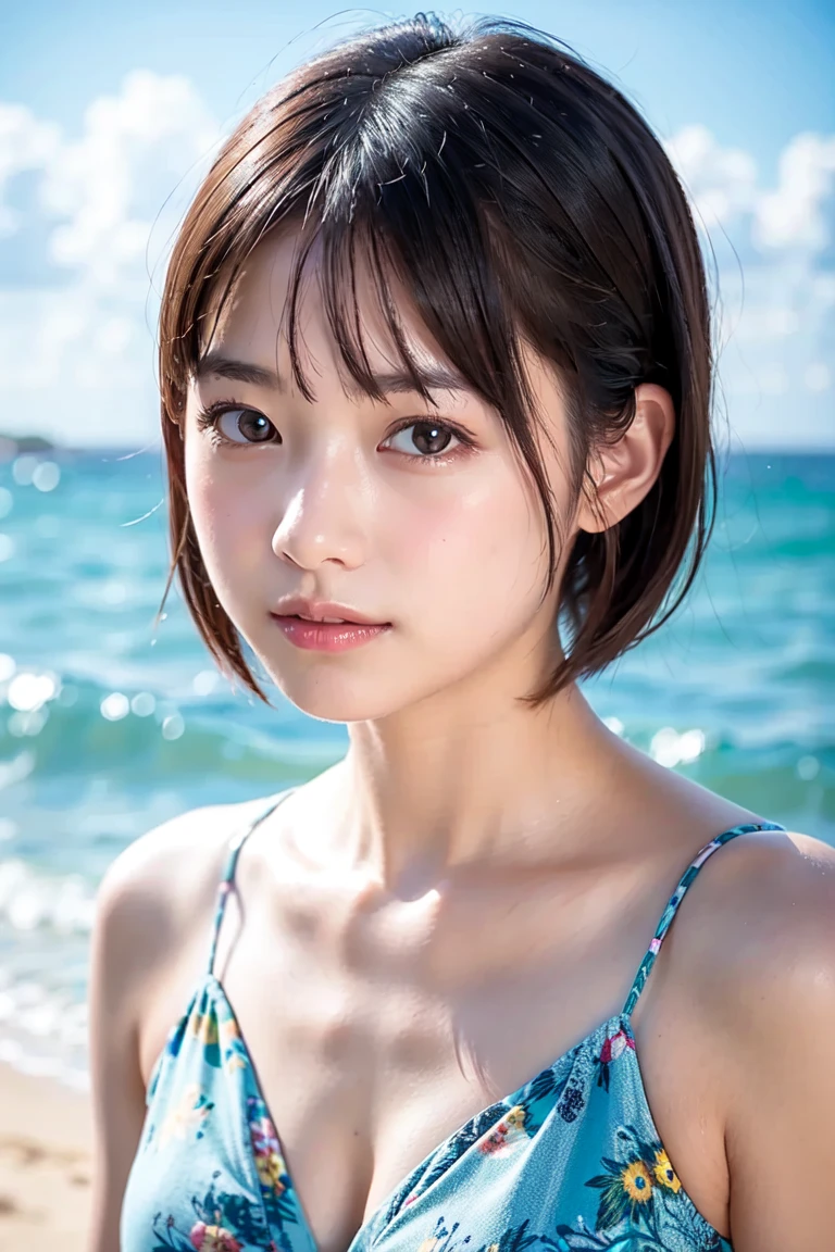 beautiful, nature, Glossy Lips、short hair、Very short hair、Shortcuts、日本人の一人のgirl、（beauty、繊細なgirl：1.3）、（28 years old：1.3）、break、（Upper body from the waist up、Micro Bikini：1.3）、break、Definition of very fine particles、（Symmetrical eyes：1.3）、break、（beautiful sea and white sand：1.3）、break、Small breasts、Emerald Eyes、Parted bangs、Brown Hair、girl、break、（Eye and facial details：1.0）、break、（masterpiece、Highest quality、Very detailed、Detailed face、8k）、smile、とてもSmall breasts、Swimsuit color is random、Raise your arms to show your sides、（Raise your arms to show your sides）