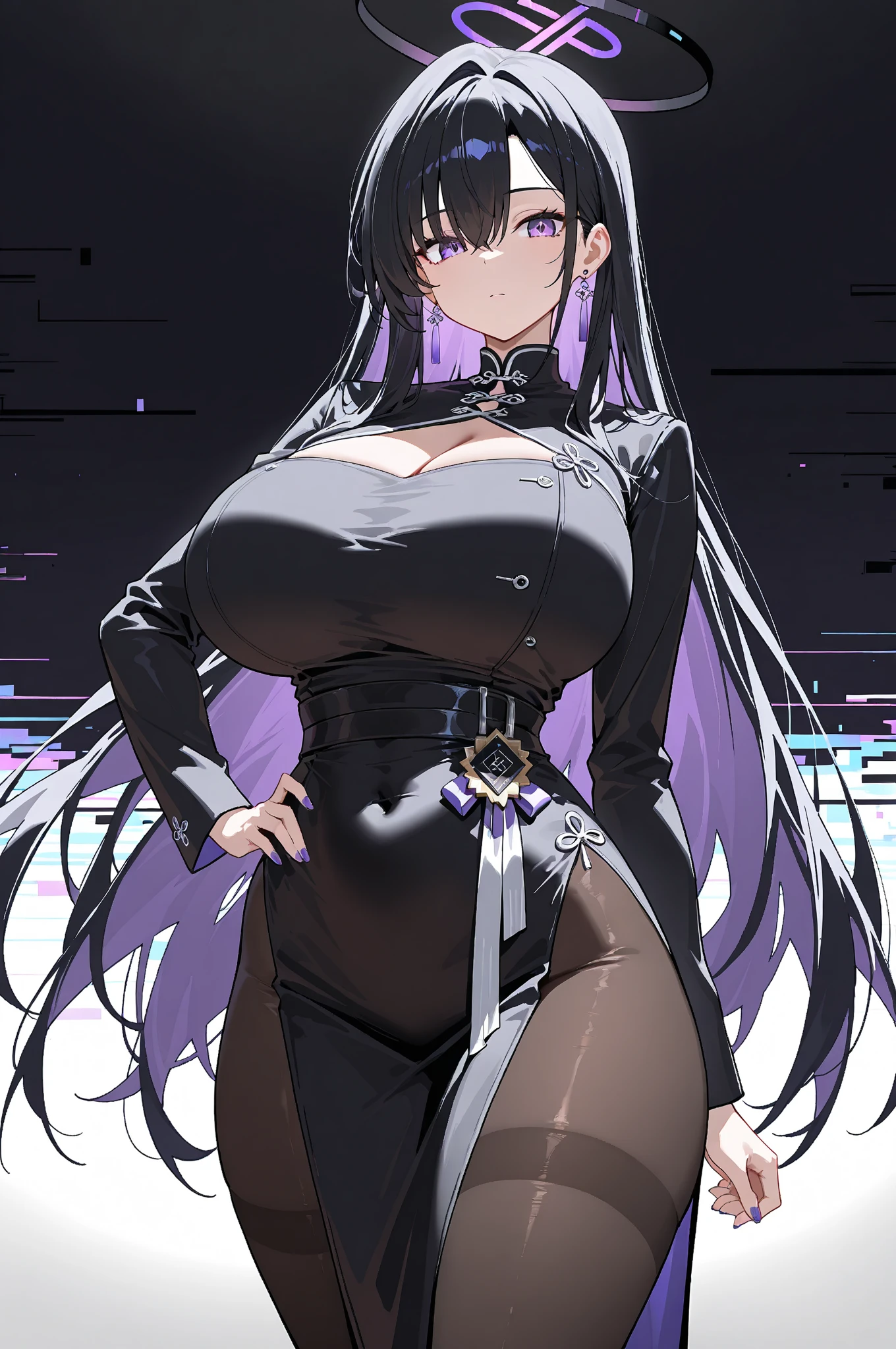 Cheongsam Girl,Half Up,Purple Hair,Purple eyes,Long Hair,Blunt bangs,cowboy shot,Pure white background,Big Breasts,Depth of written boundary,(Low angle view:0.9),Calf Level View,Overclocked Renderer,Cinema Lighting,masterpiece,Ultra-fine,Very detailed,complicated,Cinematic Perspective,CG Art,Looking at me,