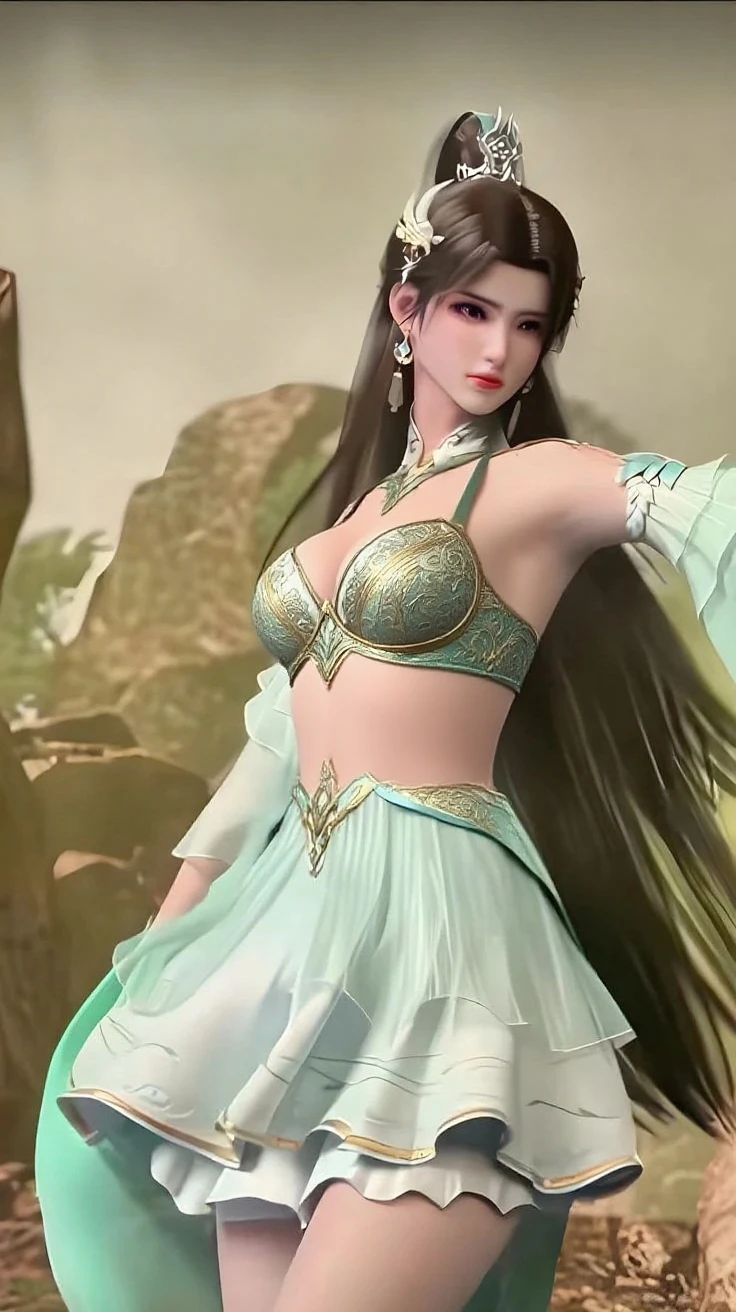 detailed skin texture, detailed cloth texture, beautifully detailed face, masterpiece, best quality, ultra detailed, 8k, intricate details, best quality, 1girl, bangs, bare_shoulders, black_hair, ancient china background, big breasts, thin, cape, cleavage, collarbone, green dress with patterns, gloves, hair_bun, hair_ornament, hair_stick, jewelry, one mole under eye, necklace, smile, solo, thighhighs, (hiqcgbody:0.5), (hiqcgface:0.5), full-body shot,