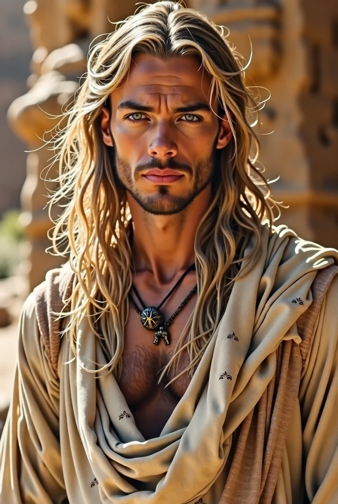 Photo du corps entier, illustration, cinematic light, fantaisie, Highest quality, Ultra detailded, beste-Qualit, chef-d&#39;work, (face detailed), homme mature grande et sexy, clothing made of D parts&#39;Chained Gold, sable qui coule rougeoyant, cristaux de braise flottants, bijoux pour cheveux rouges, Metal reflecting sunlight (concentration sur le corps : 1,25), ciel bleu clair, Desert and ocean in the background, long curly hair, yeux rouges, Emitting&#39;Magical energy, Sombre, reflecting light --auto --s2