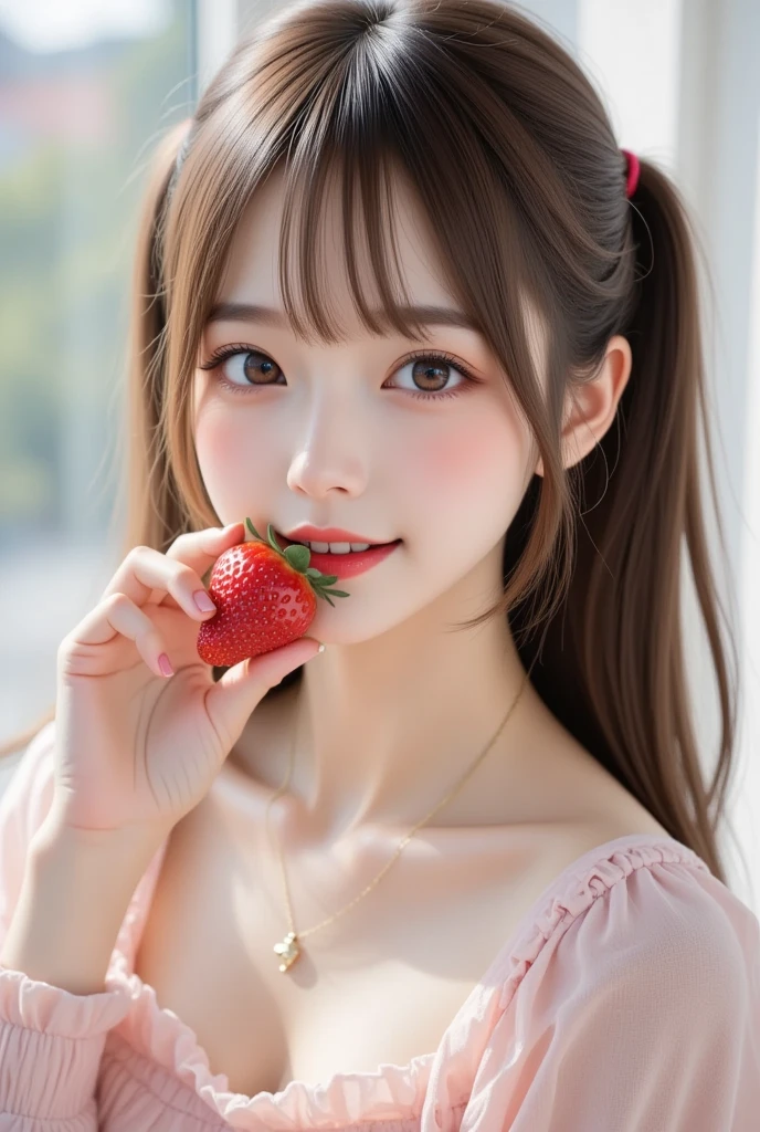 (highest quality、8k、32K、masterpiece)、(RAW photo)、(realistic)、(Photoreal:1.2)、(High resolution)、Super detailed、very beautiful face and eyes、1 girl、round and small face、thin waist、delicate body、(highest quality、high detail、rich skin details)、(highest quality、8k、oil paint:1.2)、Super detailed、(realistic、realistic:1.37)、bright colors、(((cheeks are flushed)))、(((White and red shirt)))、(((golden hair)))、(((brand hair)))、(((laughter)))、(((Upper body)))、(((white background)))、((girly hair))、(((pure white wall background)))、(((She is wearing a white and red polka dot T-shirt)))、(((pure white wall background)))、(((white and red clothes)))、(((A strawberry is drawn on the abdomen of the clothes..)))、crescent necklace、English is written on the abdomen of the shirt.(((Licking fingers)))
