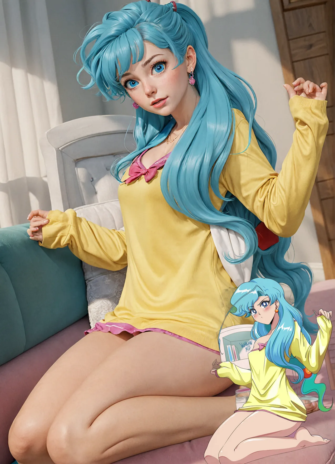 a woman in a red blouse and blue shorts sitting on a sofa, bulma from dragon ball, saiyan girl, by Akira Toriyama, Seductive anime girl, urusei yatsura, by Kentaro Miura, 90s anime art style, manga visual style colorful, anime style. 8k, genzoman, 80s anime art style