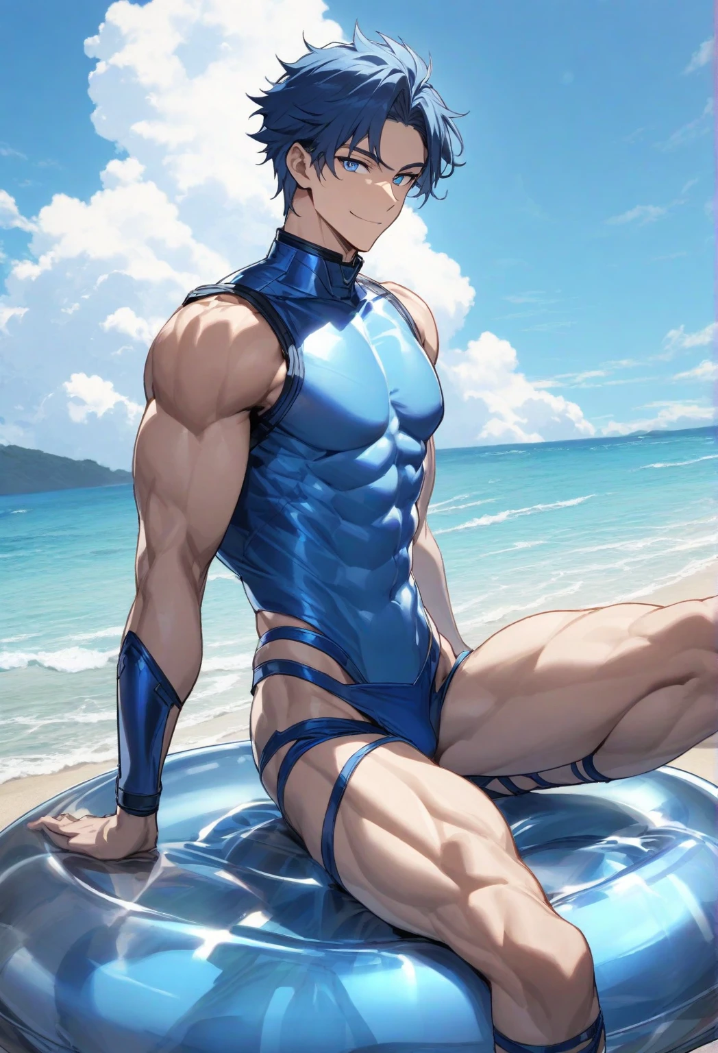 Arav man in cape and black shorts sitting on the beach, Heroic masculine pose, muscular male hero, smooth blue skin, With a cape, Cool anime poses, muscular! fantasy, Blue cape, muscular!!, murata and artgerm series, Firmware version, Clothing with blue accents, Blue cape, yasuke 5 0 0 px model, The body of a superhero